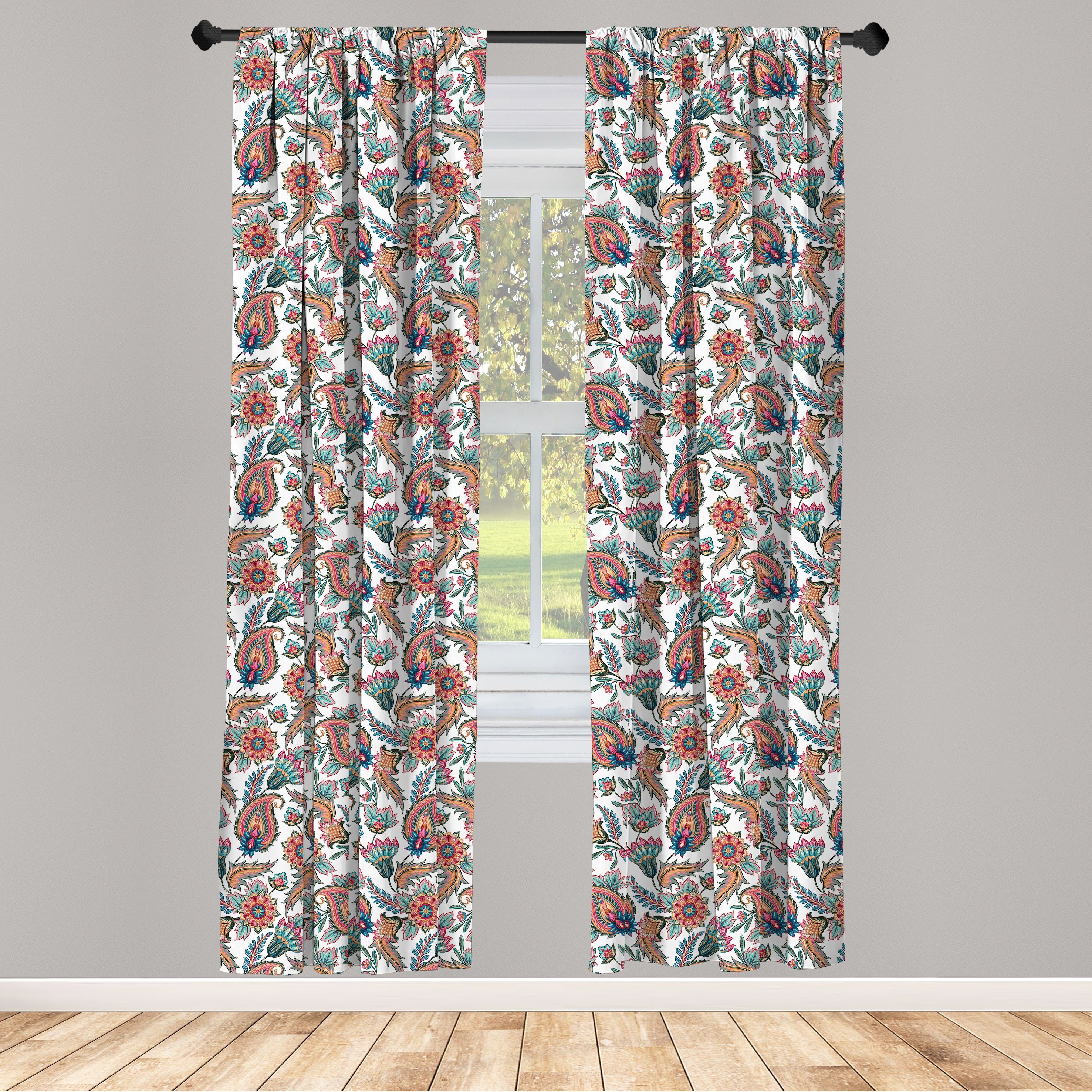 Gardine Vorhang für Wohnzimmer Schlafzimmer Dekor, Abakuhaus, Microfaser, Paisley Motive mit Blume Blatt | Fertiggardinen