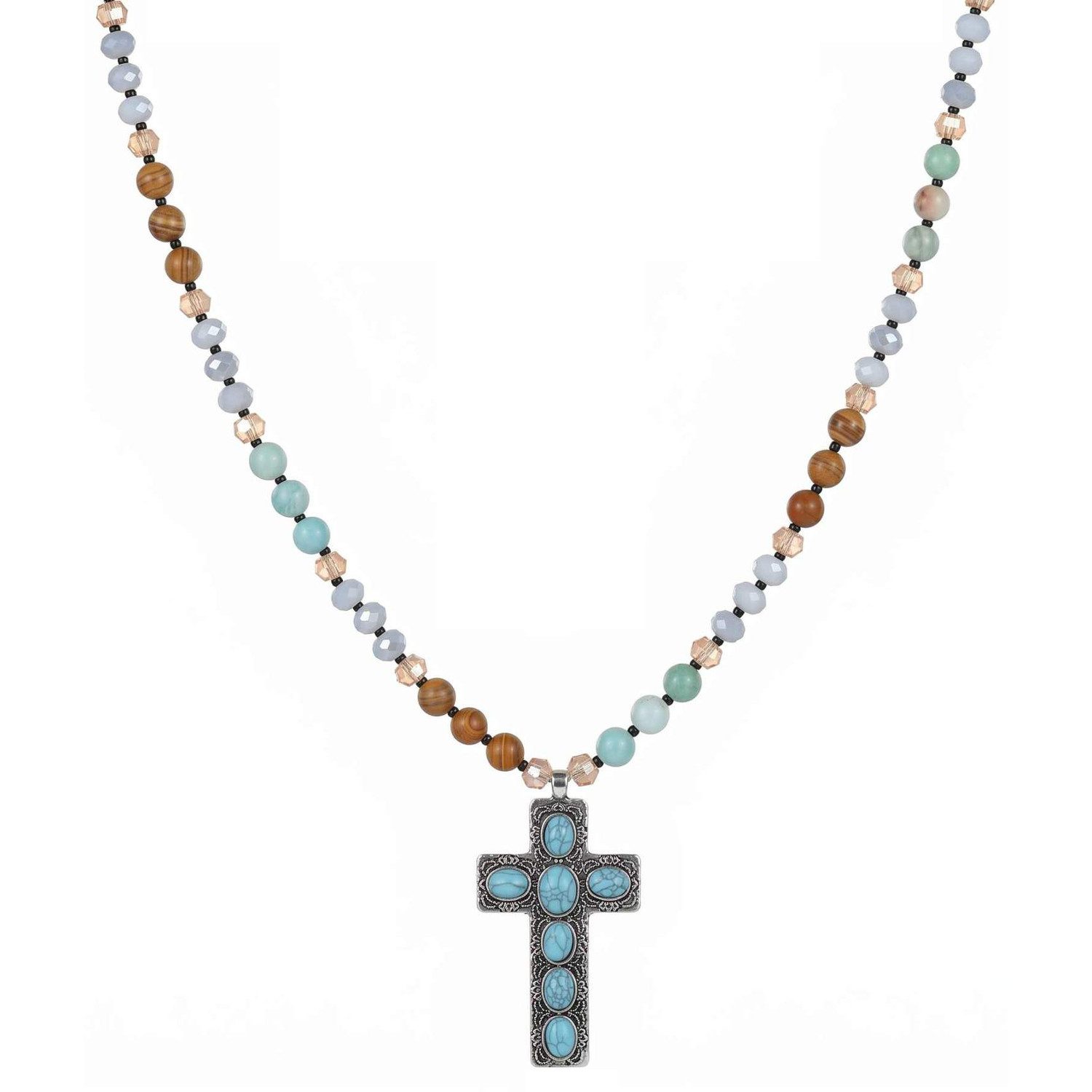KARMA Kette mit Anhänger Kreuz Naturstein Holz merhfarbig Halskette Damen modern (1-tlg., Perlenkette Steinperlen Steinperlenkette Damenhalskette), Damenkette Steinkette Natursteinschmuck Geschenk