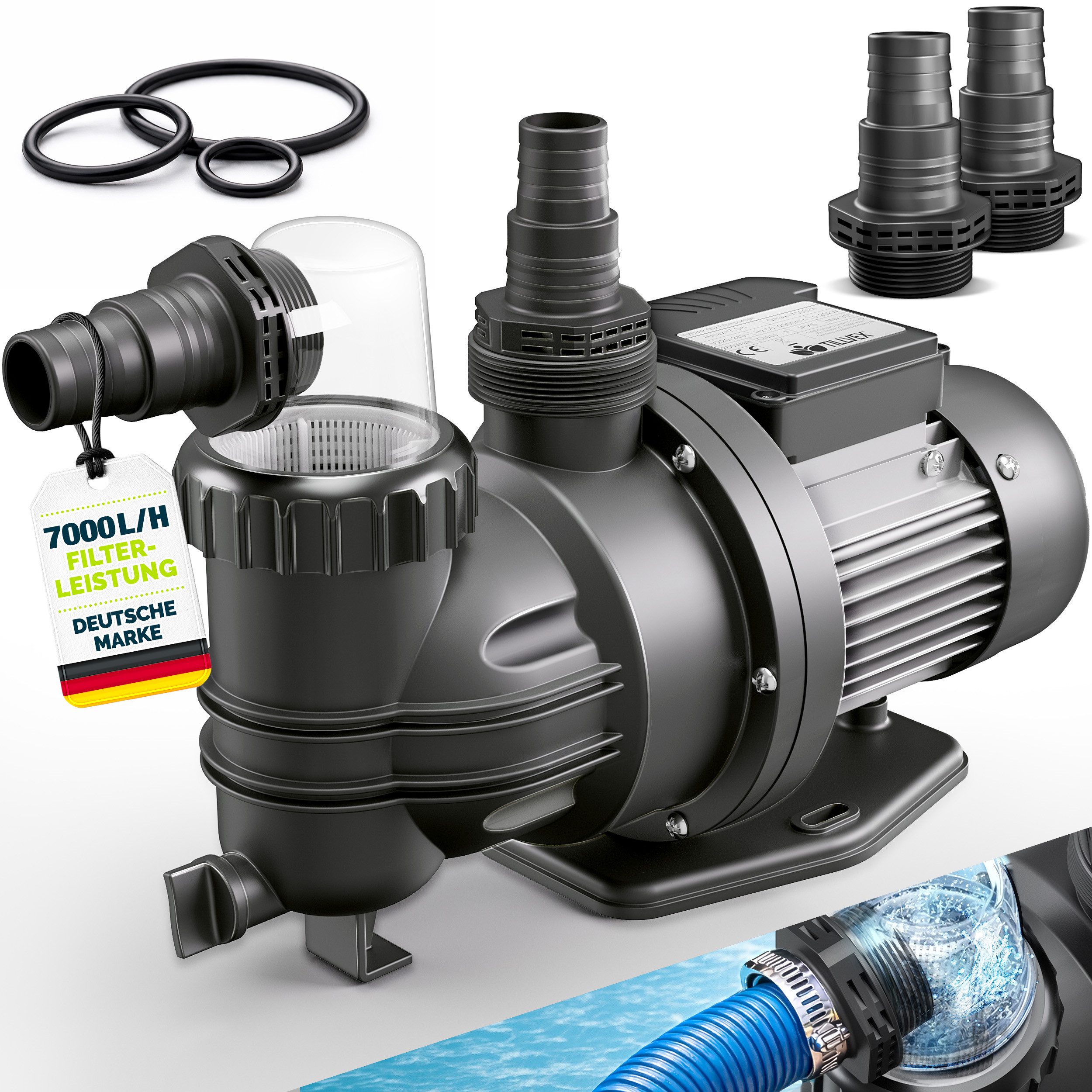 tillvex Pool-Filterpumpe tillvex® Pool Filterpumpe Poolpumpe Umwälzpumpe (Aufstellpool Spa mit Vorfilter, für Pools Poolpumpe selbstansaugend), Schwimmbadpumpe Poolfilter Umwälzpumpe