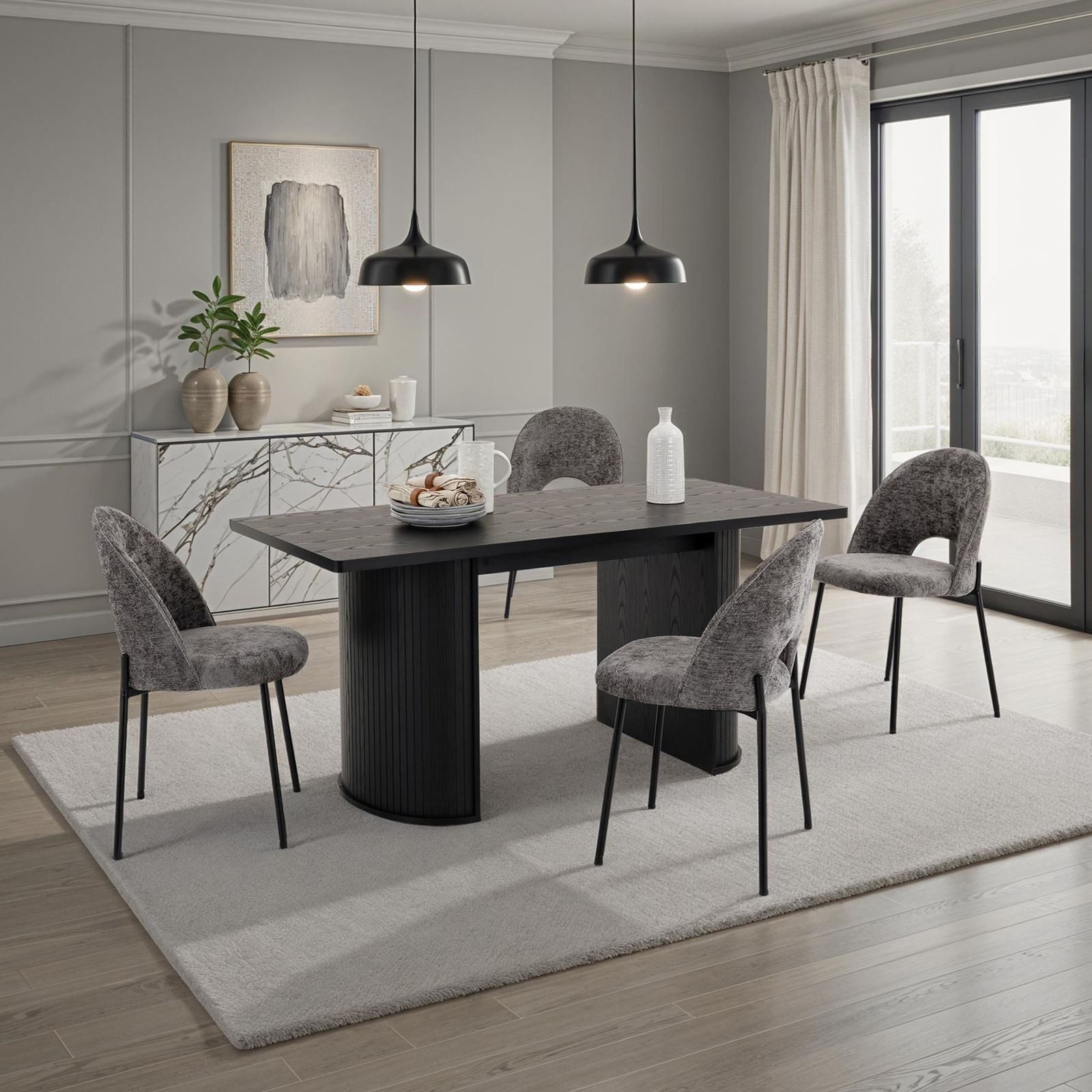 IDIMEX Essgruppe GUARDA, Essgruppe 4 Stühle und Esstisch Rillenoptik schwar günstig online kaufen