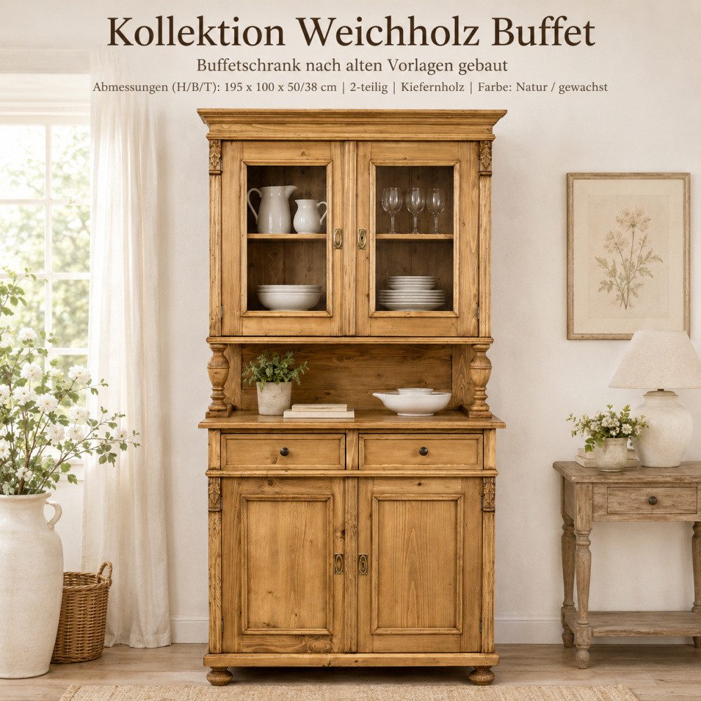 Wohnpalast Buffet Landhaus Küchen Schrank 100 cm Buffetschrank Massivholz (2-St)