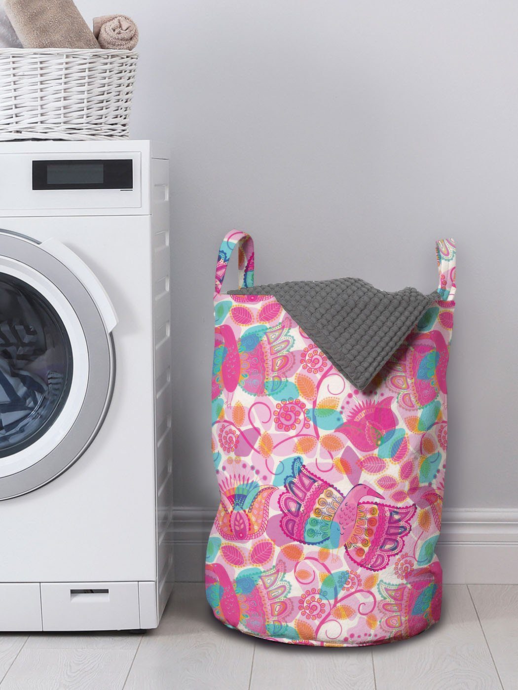 Abakuhaus Wäschesäckchen Wäschekorb mit Waschsalons, Griffen Blätter Blumen und Kordelzugverschluss für Ziergeflügel
