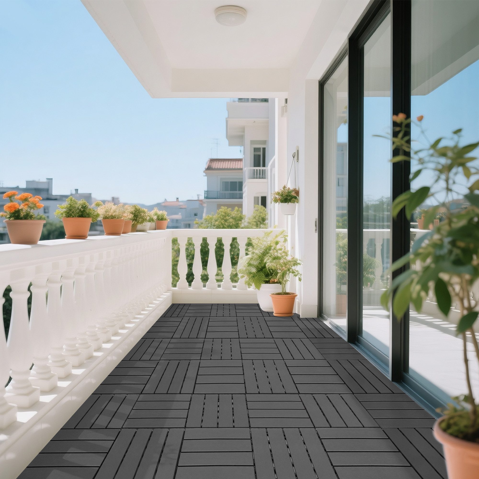 CHICFURN Terrassendielen Ineinandergreifende Kunststoff-Bodenfliesen, 44er Set, BxL: je 30,00x30,00 cm, (Packung, 44-St., Quadratische Ausführung, wasserfest für Außenbereiche), Poolbereich, Balkon & Garten, 30 x 30 cm, Dunkelgrau