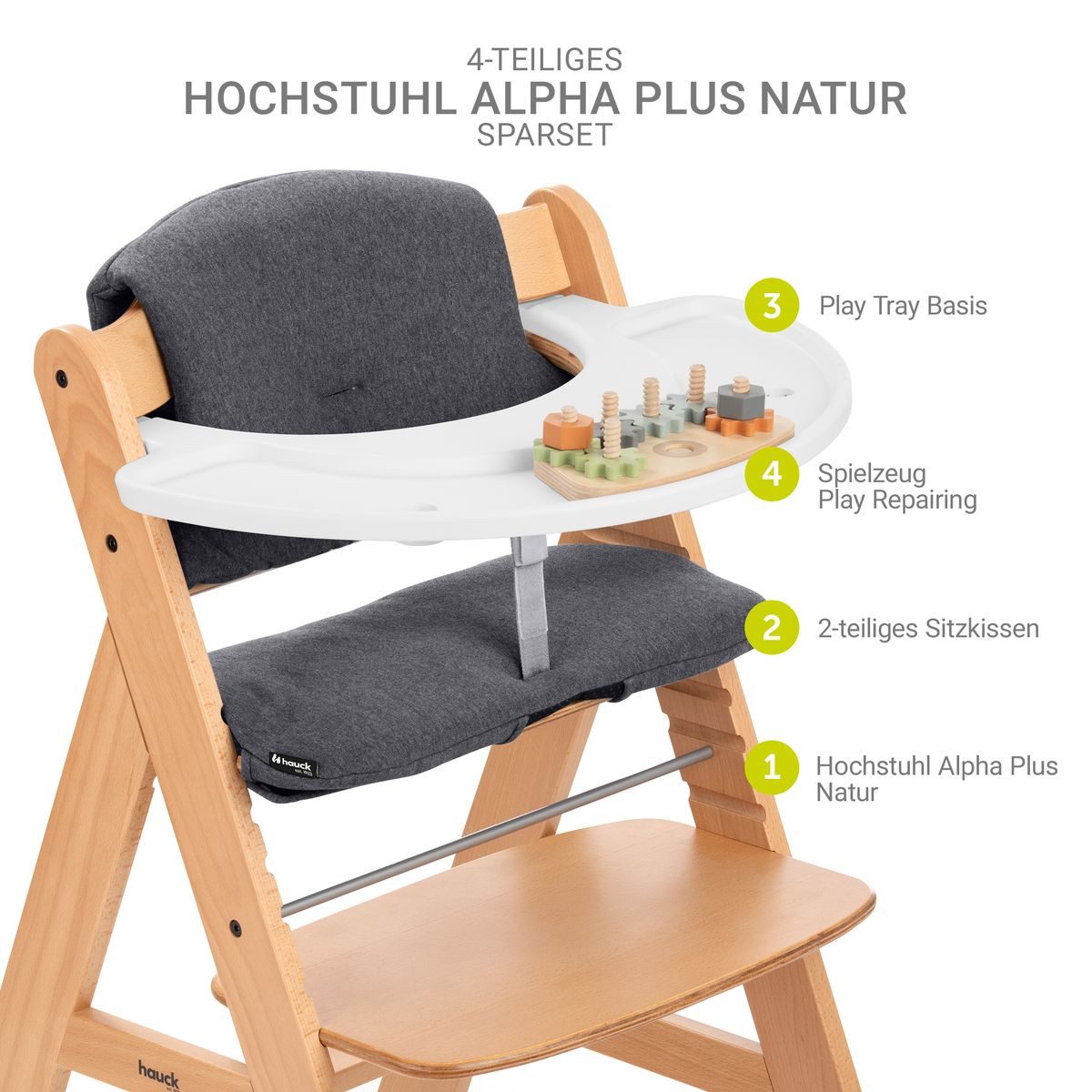 Hauck Hochstuhl Alpha Plus Natur, Holz Baby Kinderhochstuhl, Sitzauflage & Play Tray Basis - verstellbar