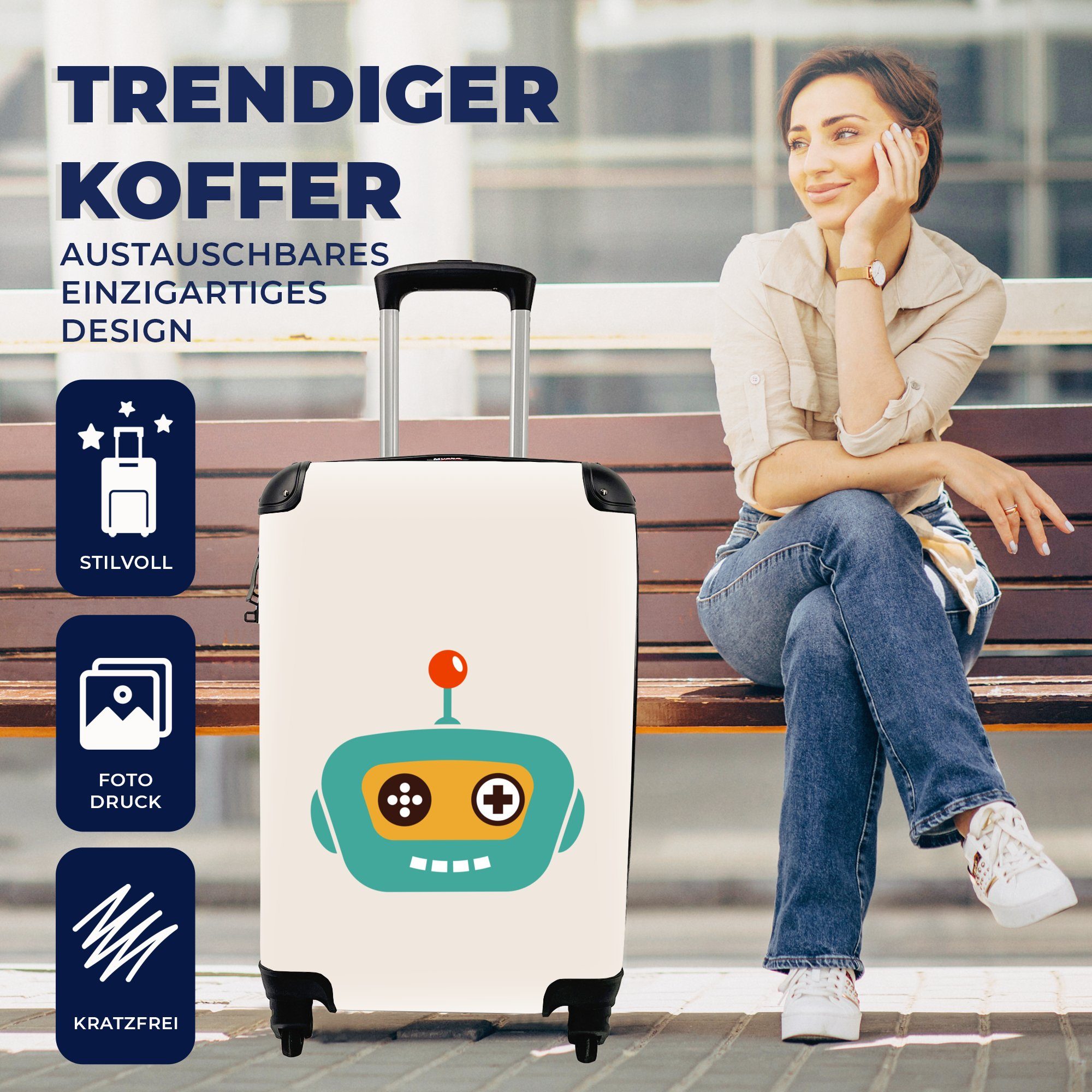 MuchoWow für Rollen, rollen, - - Ferien, Roboter - Kind, Reisekoffer Handgepäck Technik Antenne Junge - Trolley, mit 4 - Gesicht Reisetasche Handgepäckkoffer