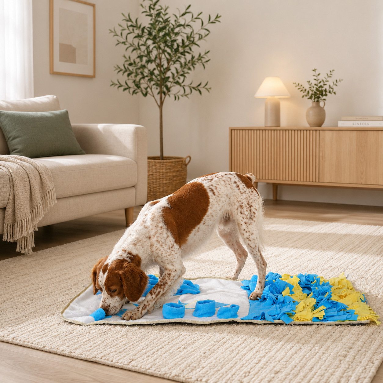 belviona Tier-Aktivitätsspiel, Intelligenzspielzeug zur Futtersuche, 100x60 cm, gelb/blau, Fleece, Schnüffelmatte, fördert Geruchssinn & Konzentration