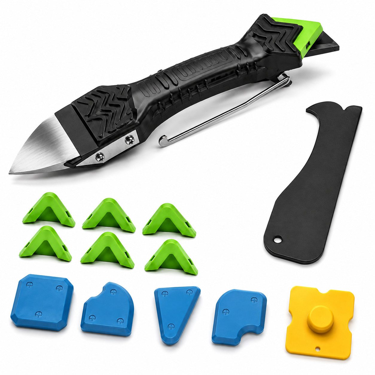 Luckice Multitool 5‑in‑1 Silikonentferner‑Set – Fugenwerkzeug aus Edelstahl, (Set, mit 6 austauschbaren Silikonpads, Schaber und Dichtstoffwerkzeug), Praktisches 5-in-1 Fugenwerkzeug