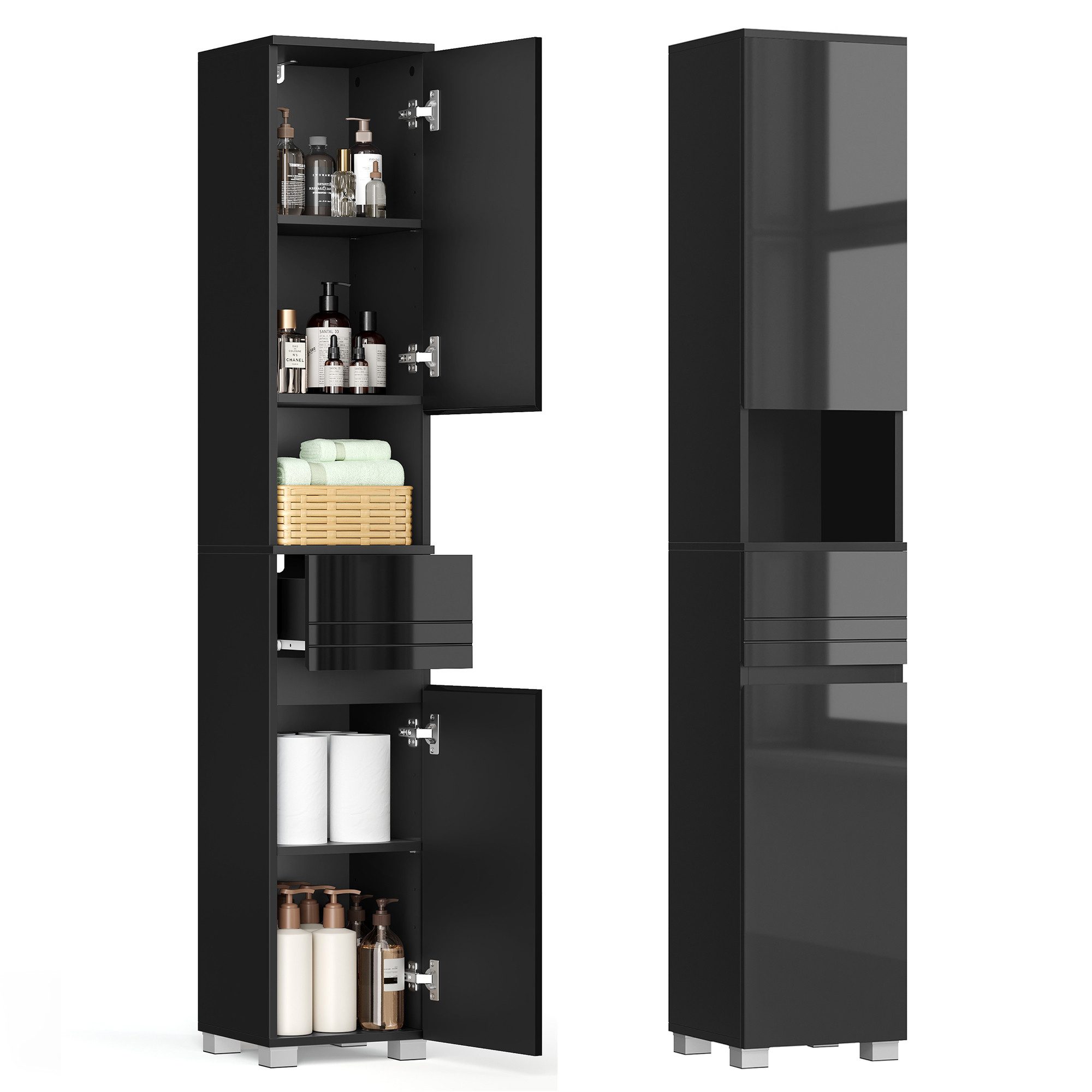 VASAGLE Badkommode Badezimmerschrank Badschrank verstellbare Ablagen, 30 x 30 x 170 cm, mit einer Schublade, Badezimmermöbel, offenes Fach