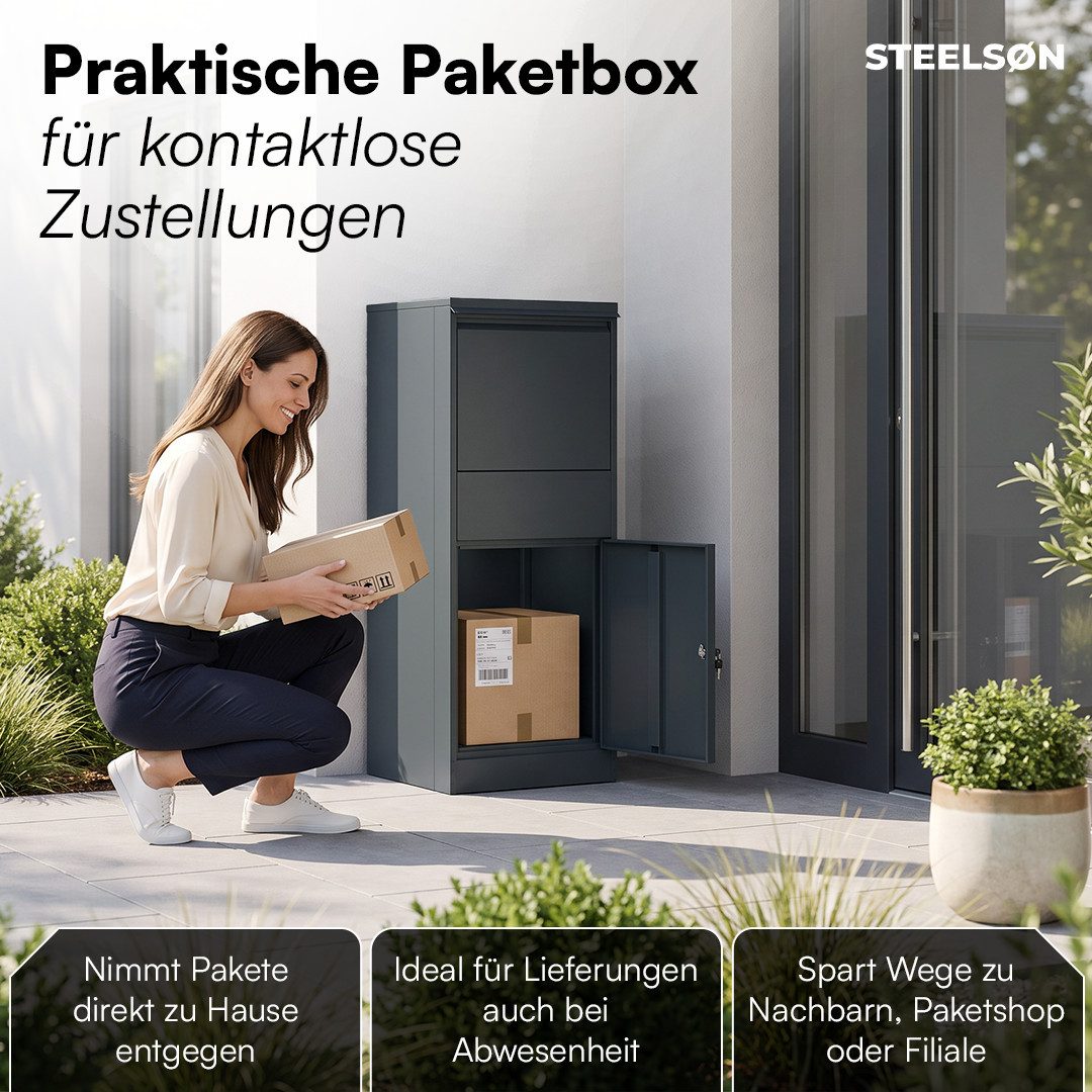 STEELSØN Paketbox Theron aus Stahl, Paketkasten abschließbar mit Schloss (Anthrazit, 103x41x38 cm), 1 Fach, sicheres Klappsystem, wasserdichte Aufbewahrung – Bild 2 von 5