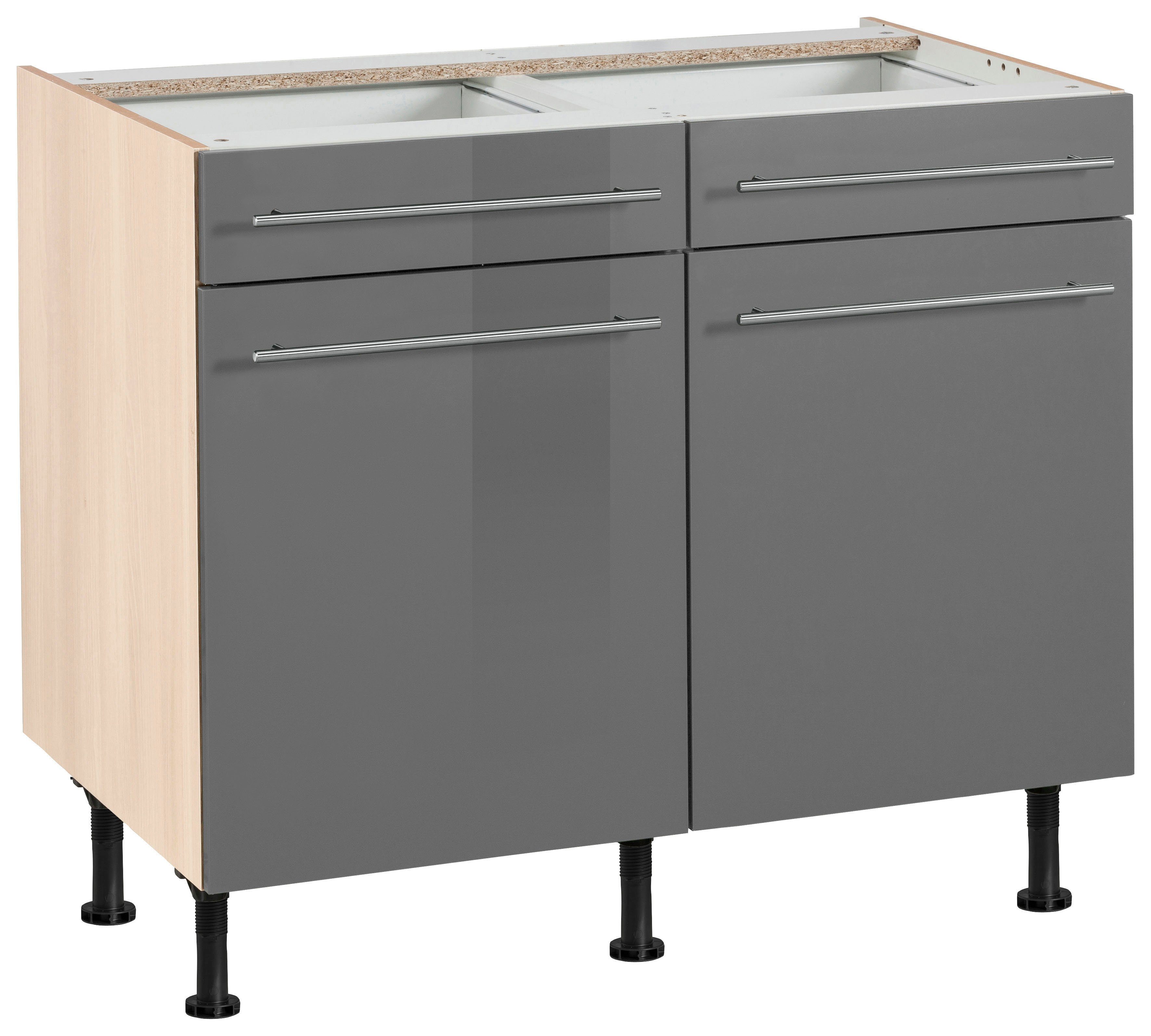 OPTIFIT Unterschrank Bern 100 cm breit, mit 2 Türen, 2 Schubkästen, höhenverstellbare Füße grau Hochglanz/akaziefarben