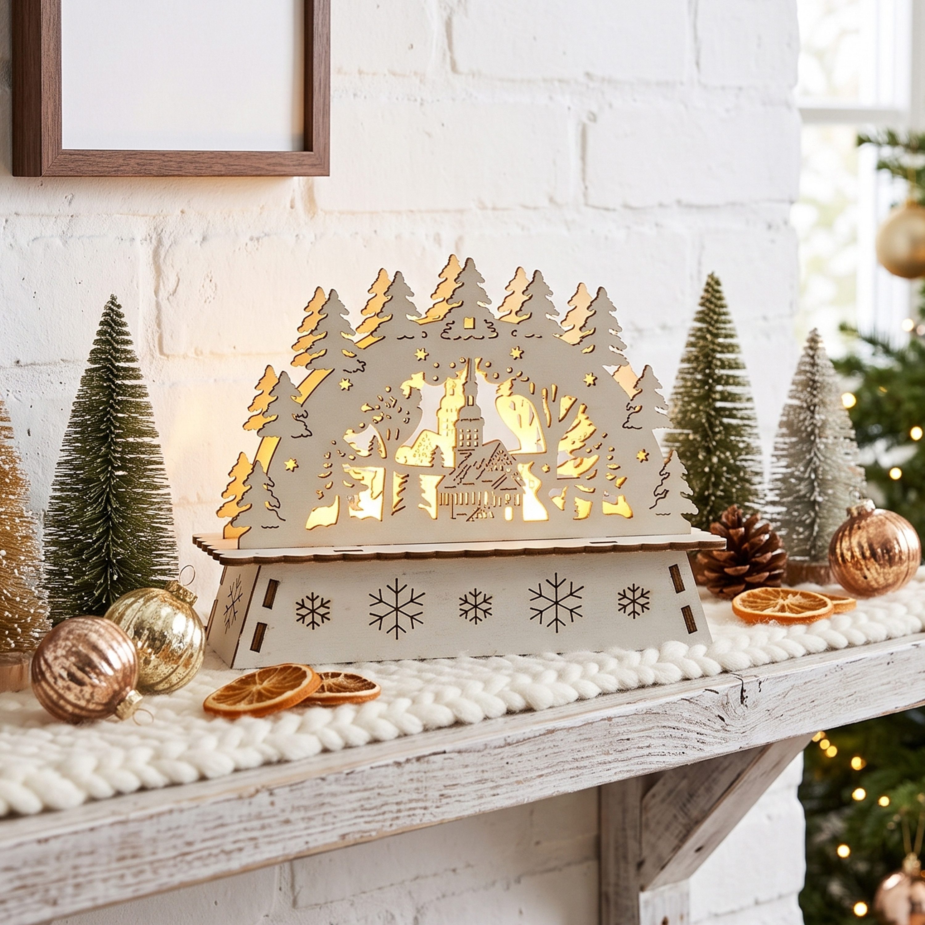 OTTO home LED Schwibbogen Weihnachtsdeko mit LED-Licht (1-tlg), Dorfkirche mit verschneitem Tannenwald, Batterien, Höhe 11,2 cm