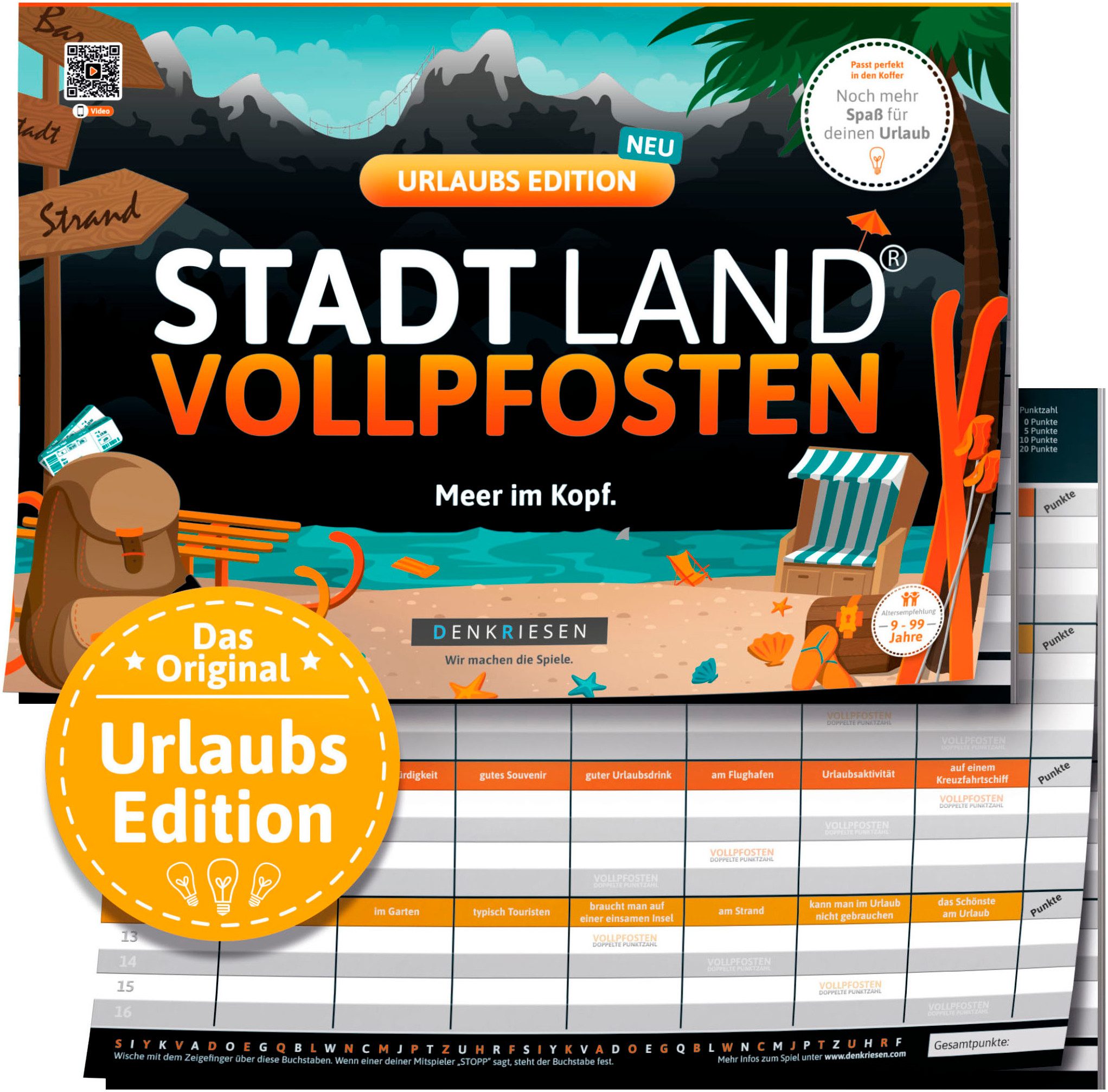 Denkriesen Spiel Stadt Land Vollpfosten® Urlaubs Edition "Meer im Kopf.", Familienspiel, Spielblock, Made in Germany