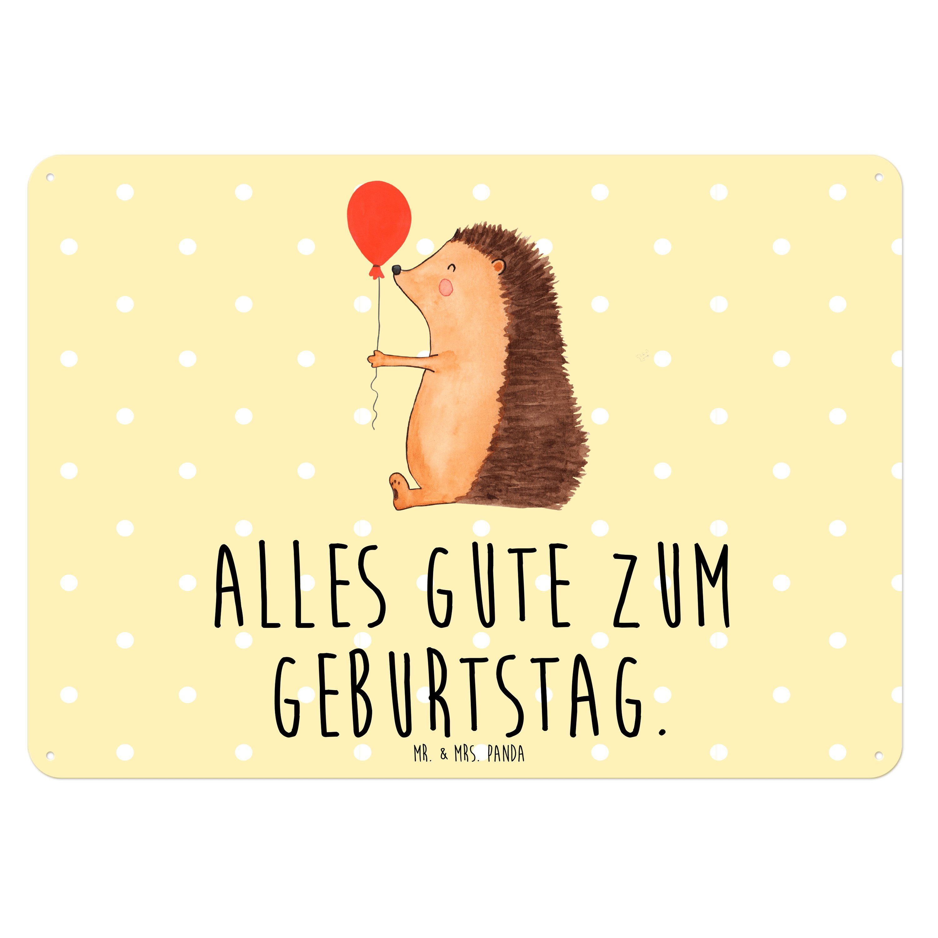 Mr. & Mrs. Panda Metallschild DIN A6 Igel mit Luftballon Gelb Pastell
