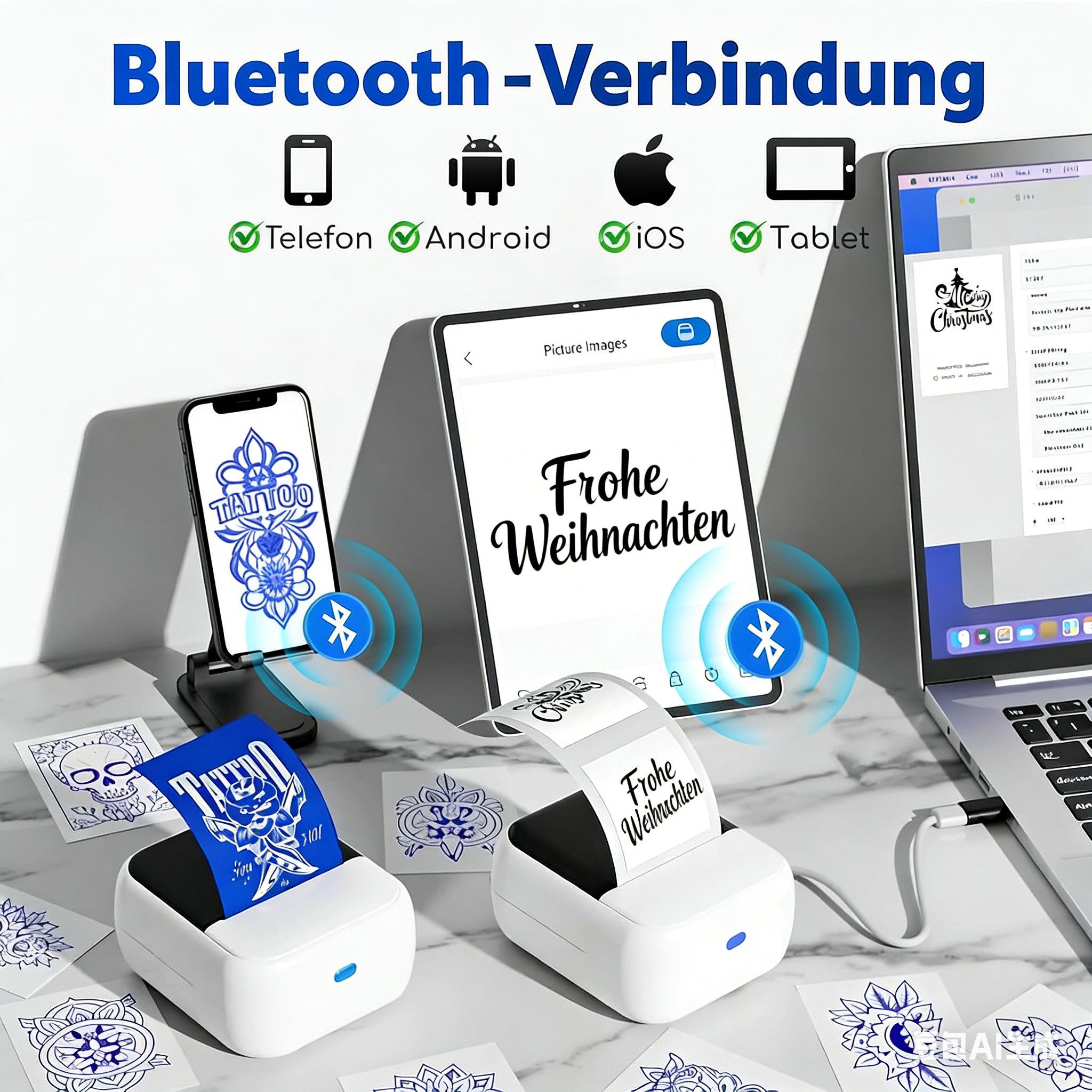 ibettertec Tragbarer Thermodrucker Mini-Drucker Schablonendrucker Etikettendrucker, (Barcode-Drucker, Fotodrucker mit Bluetooth-Verbindung, große Auswahl an Grafik- und Textvorlagen)