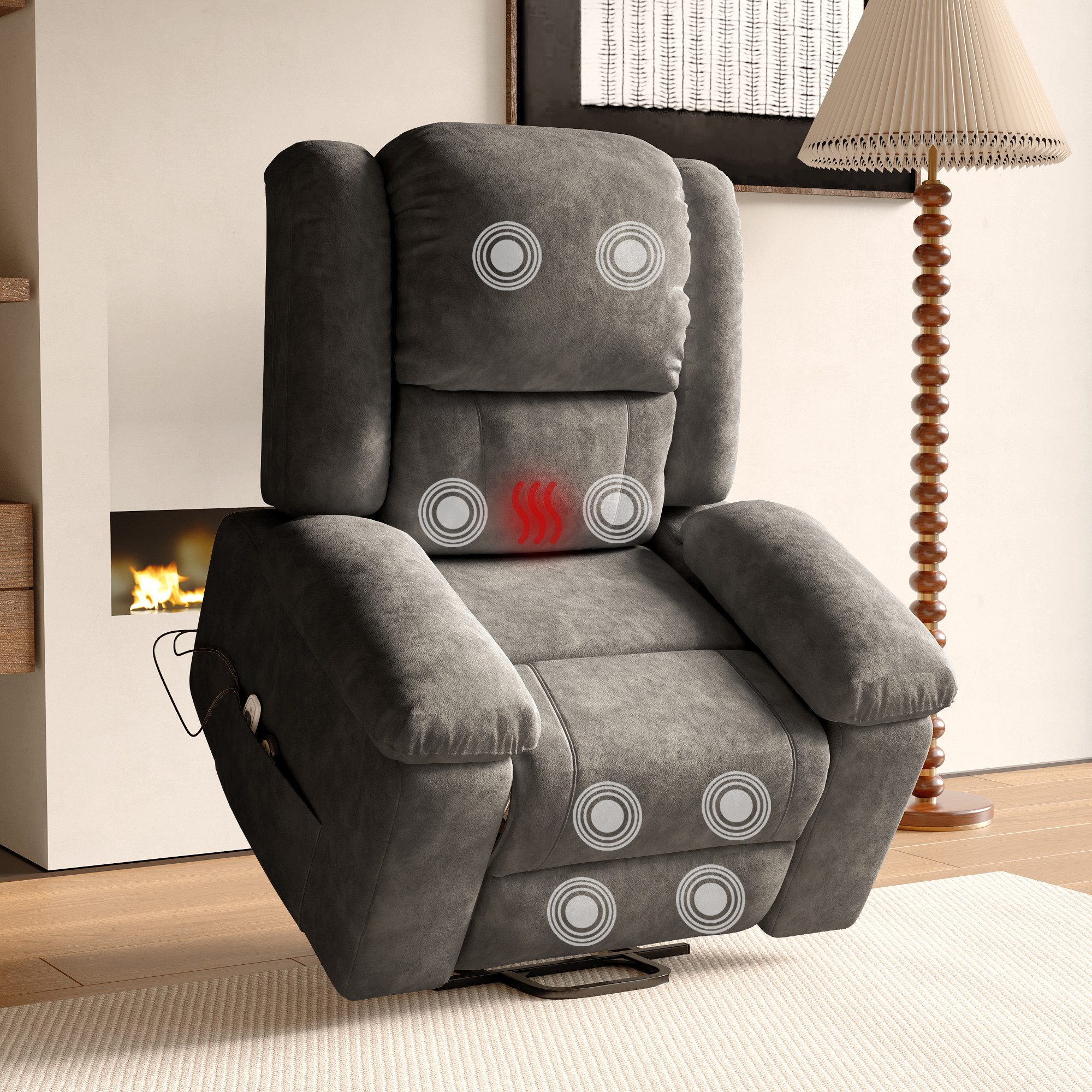 ADWOLT Relaxsessel Elektrisch Massagesessel mit Liegefunktion Fernsehsessel TV-Sessel (Set, 1-St), 360°Drehbarer Liegesessel Heizung Verstellbar Sessel bis 150 kg Grau