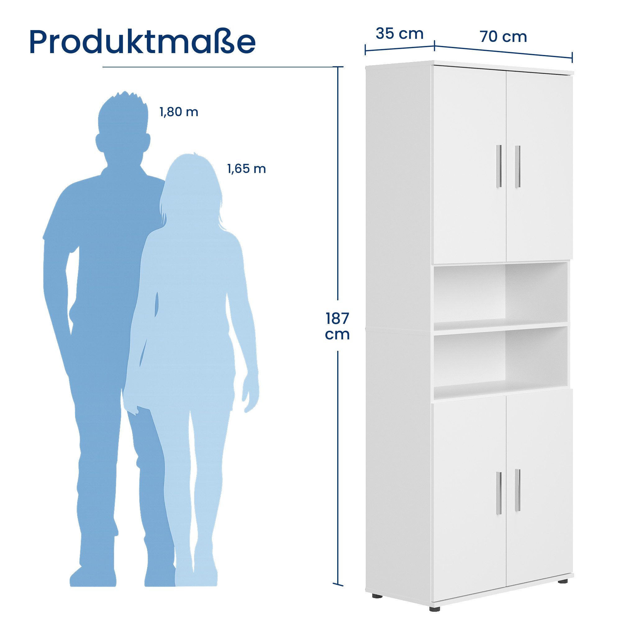 Home Collective Badkommode Badezimmerschrank Hochschrank 6 Fächer – robust & pflegeleicht, 70x35x187 cm (BxTxH), Weiß, 4 Türen, pflegeleicht & viel Stauraum – Bild 2 von 5