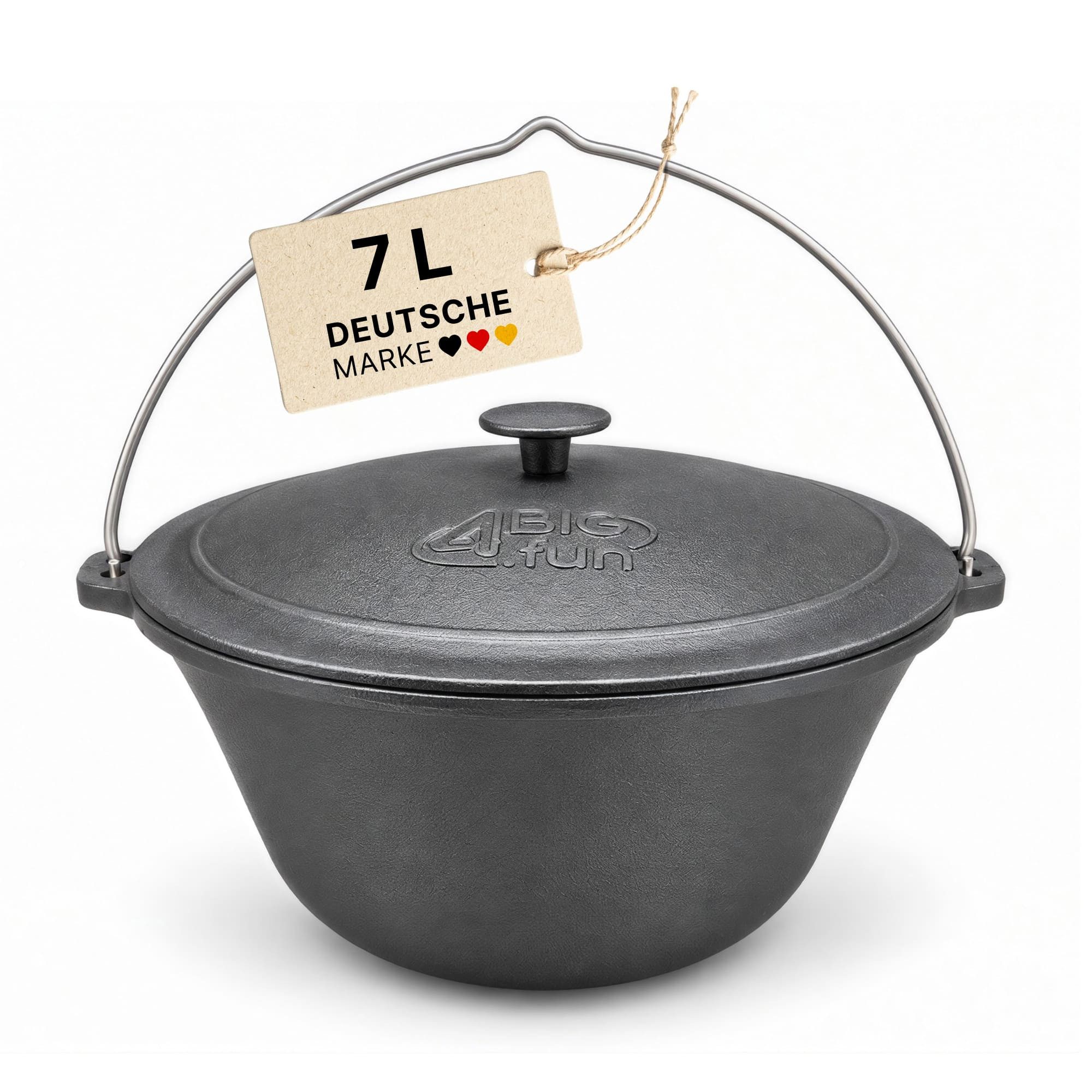 4BIG.fun Wok 4big.fun Gusseisen-Kessel 7 Liter Bügel Gusseiserner Deckel – Ø 305 mm