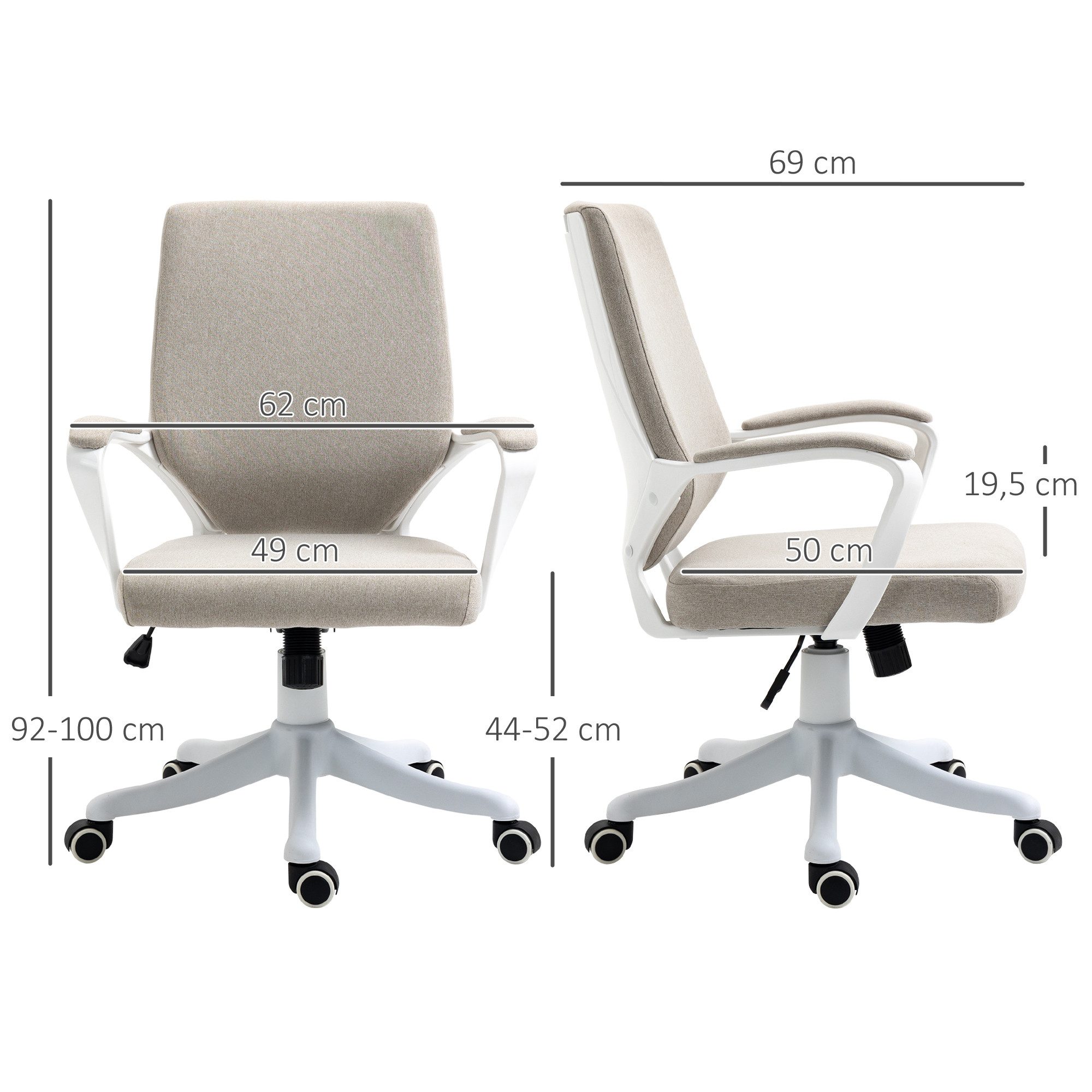 Vinsetto Schreibtischstuhl Bürostuhl höhenverstellbarer Drehstuhl Wippfunktion gepolstert (Office-Stuhl, 1 St), Verstellbare Sitzhöhe, Beige