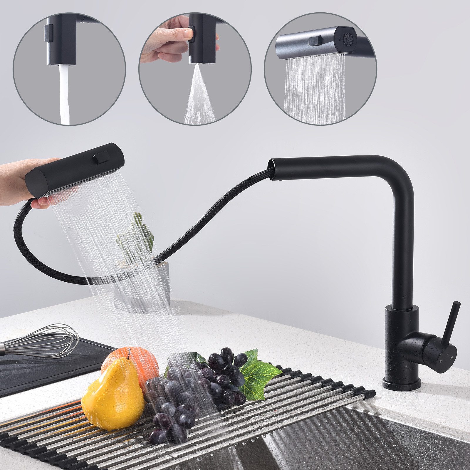 HOMELODY Küchenarmatur Ausziehbar 360°Schwenkbar Drei Sprühfunktionen Spültischarmatur Küche (Hochdruck-Einhand-Mischbatterie) mischbatterie ausziehbar Küchen-Einhandhahn,Schwarz