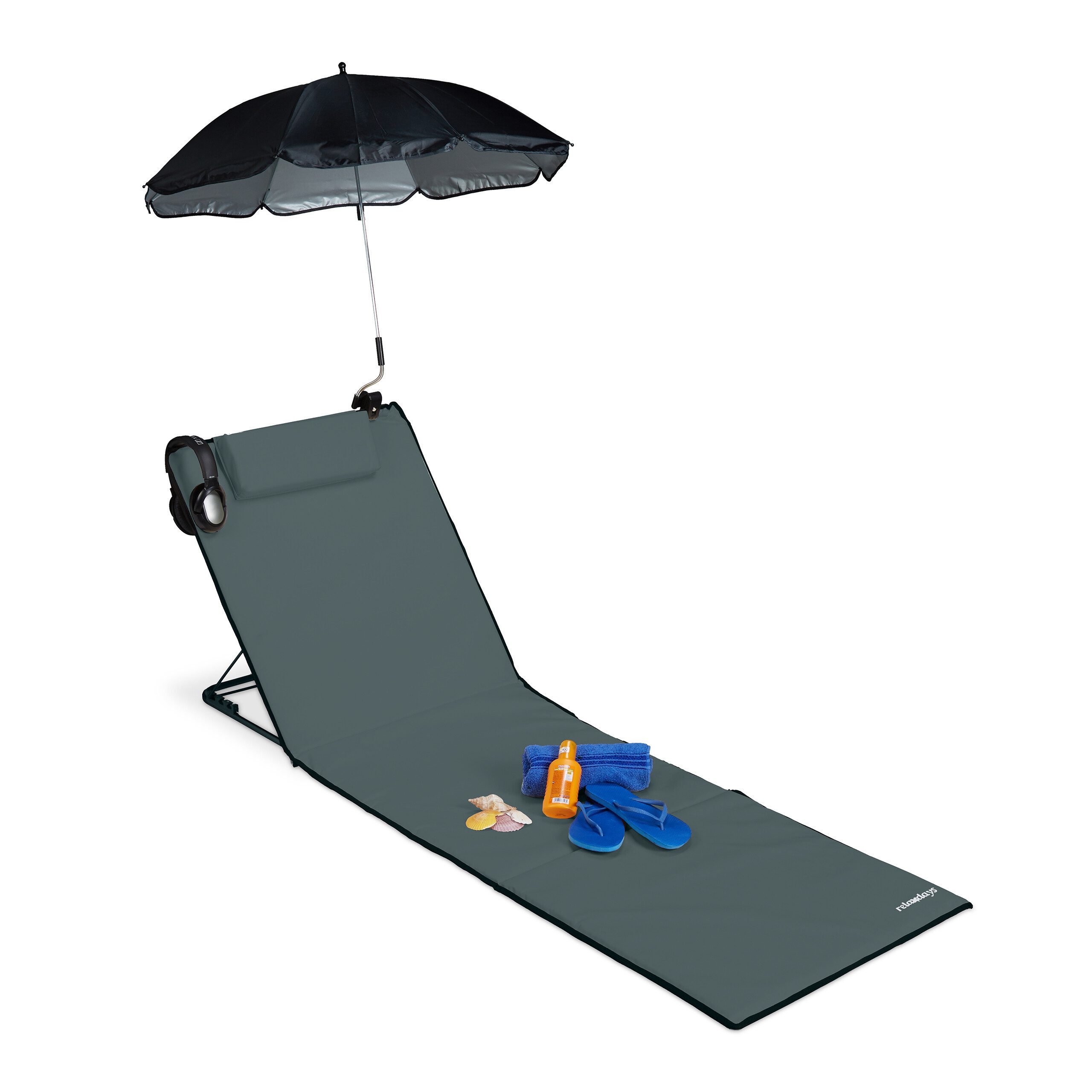 relaxdays Strandtücher Strandmatte mit Sonnenschirm, Anthrazit günstig online kaufen