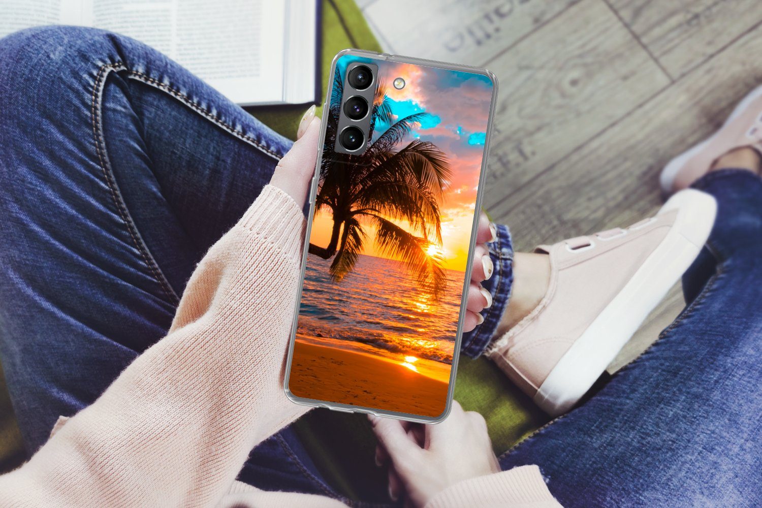 MuchoWow Handyhülle für Samsung Galaxy S21 Palme - Sonnenuntergang - Horizont - Strand - M, Phone Case, Silikon, Schutzhülle Dünn