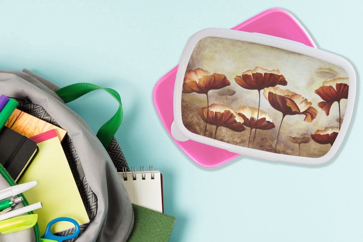 (2-tlg), MuchoWow Brotbox Brotdose Mädchen, Kinder, Blumen für Lunchbox Kunststoff Erwachsene, - Malerei Pflanzen, - - Kunststoff, Snackbox, Ölfarbe rosa