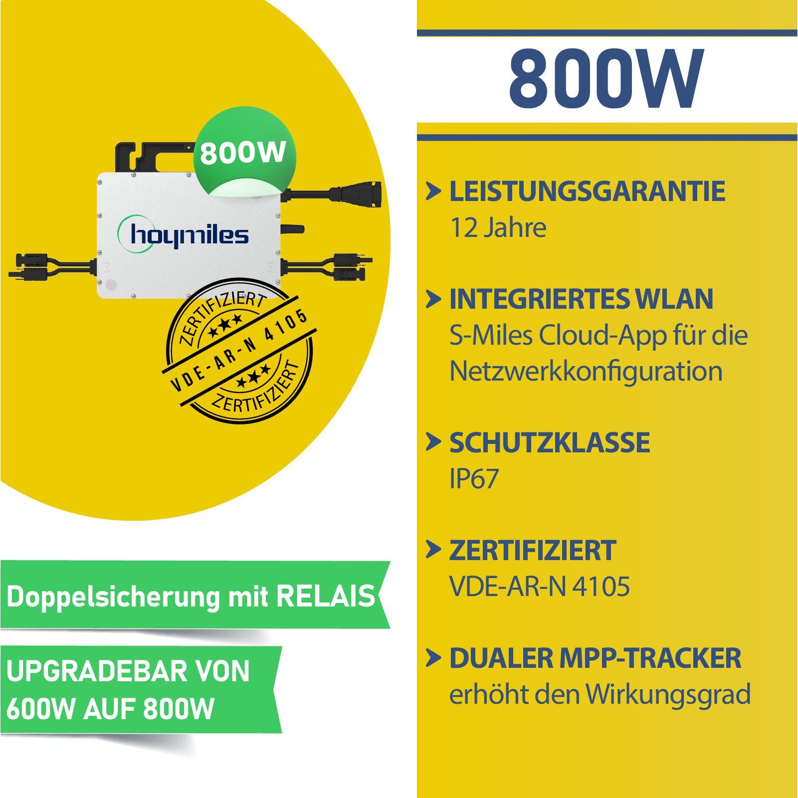 Eckig HIEFF Photovoltaik 800W (2x400W) Wechselrichter) HMS-800-2T mit Solaranlage WIFI Balkongeländer Stegpearl Hoymiles PV-Montage Schwarz Upgradefähiger Balkonkraftwerk, (Komplettset