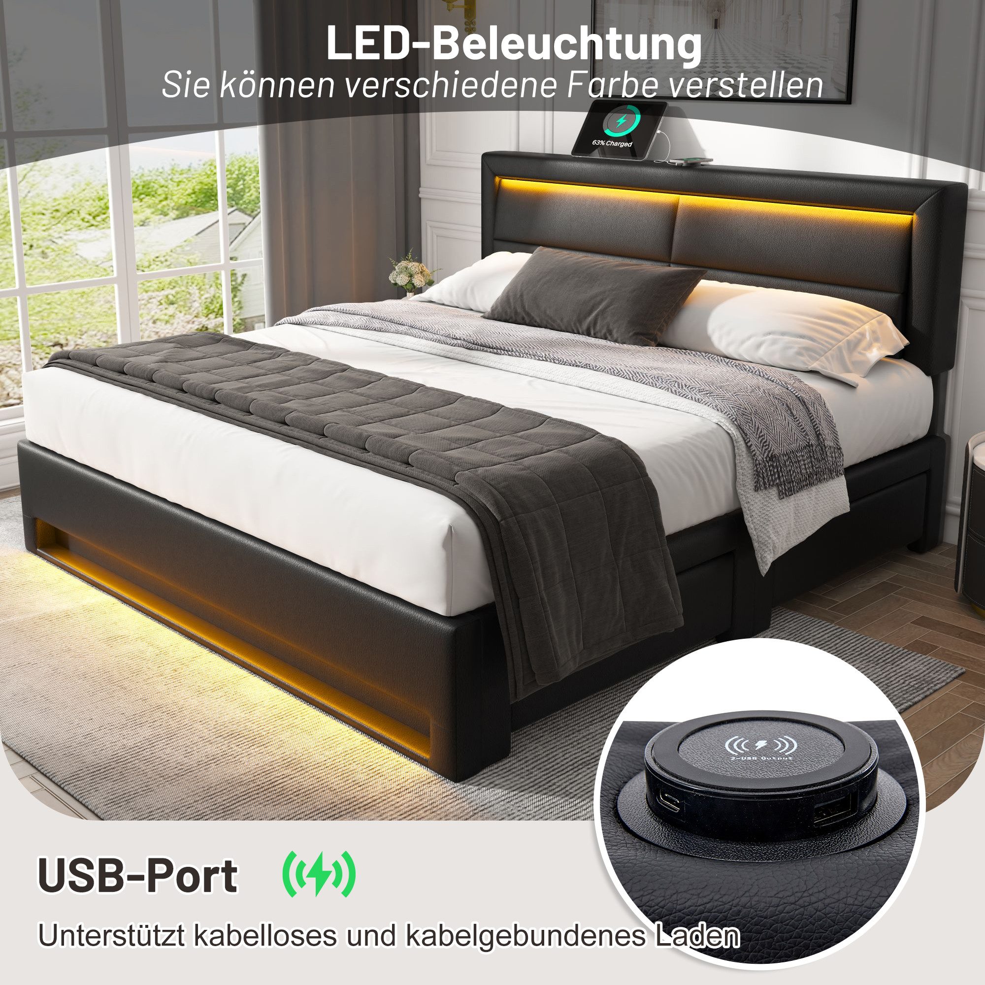 REDOM Polsterbett Jugendbett Bettgestell USB-Ladeanschluss (Stahlrahmen günstig online kaufen
