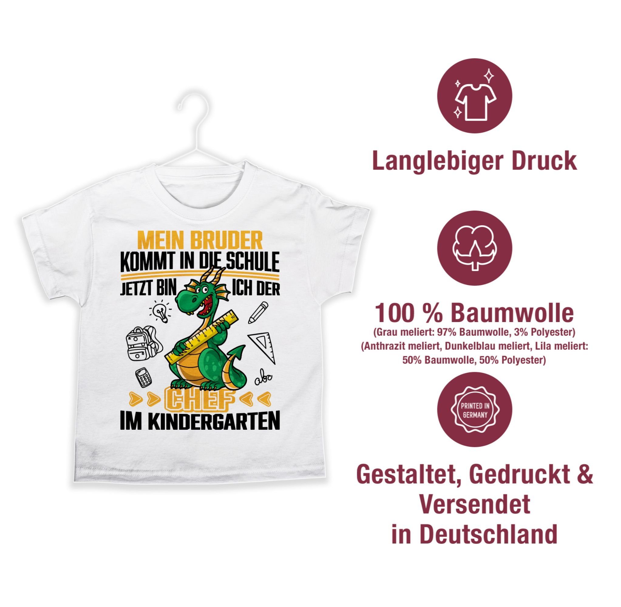 T-Shirt der 3 Kindergarten ich die Schule! in Mein Chef Jetzt Weiß Hallo kommt bin Shirtracer im Kindergarte Bruder