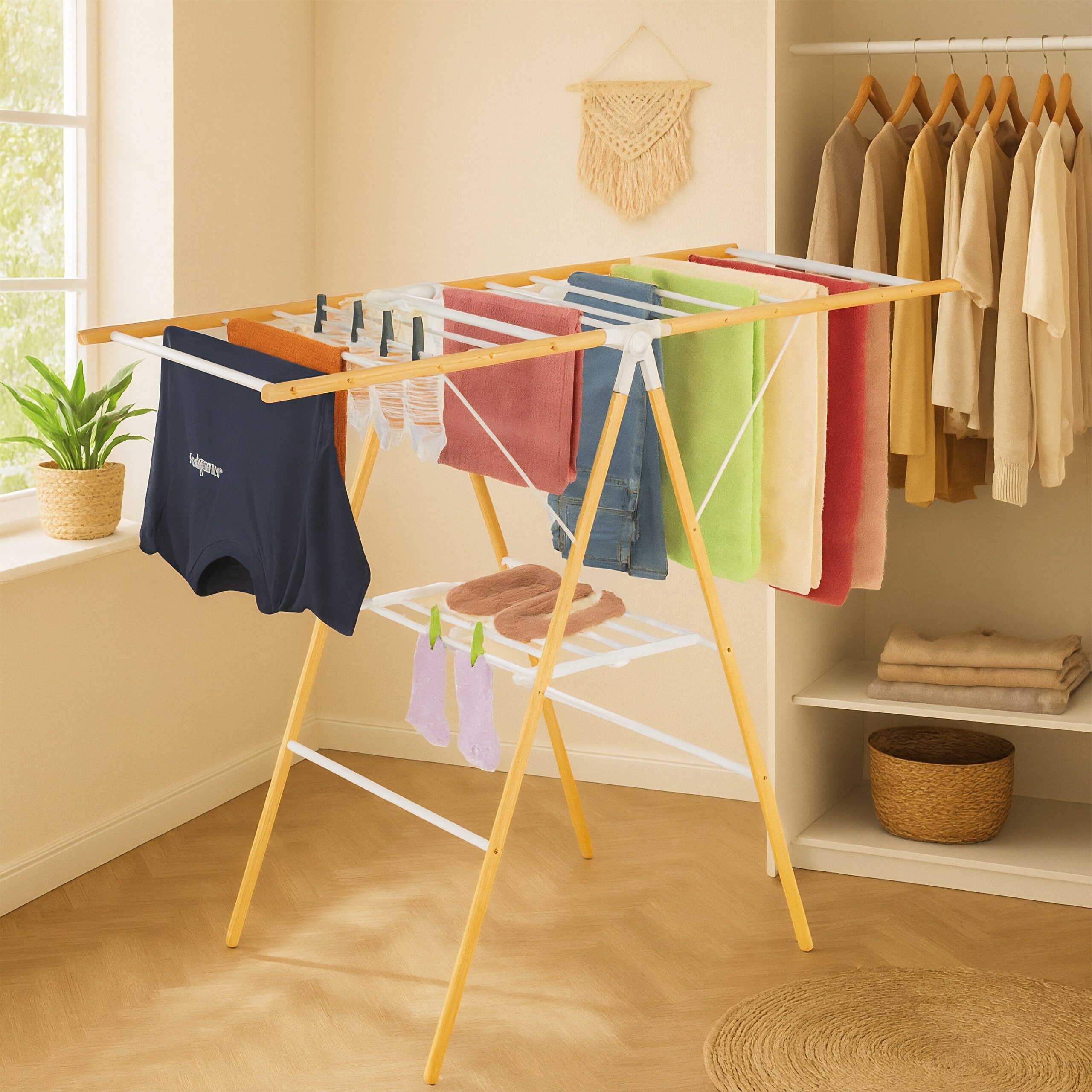 relaxdays Wäscheständer Klappbarer Wäscheständer mit Flügeln, Holz / Weiß