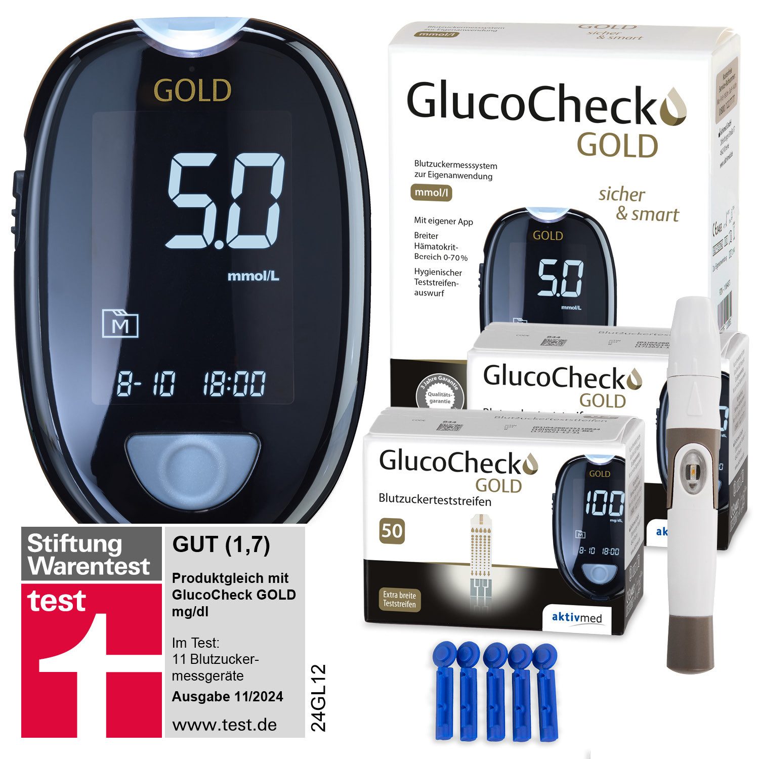 GlucoCheck Blutzuckermessgerät GlucoCheck GOLD Starter-Set mit 110 Teststreifen mmol/l