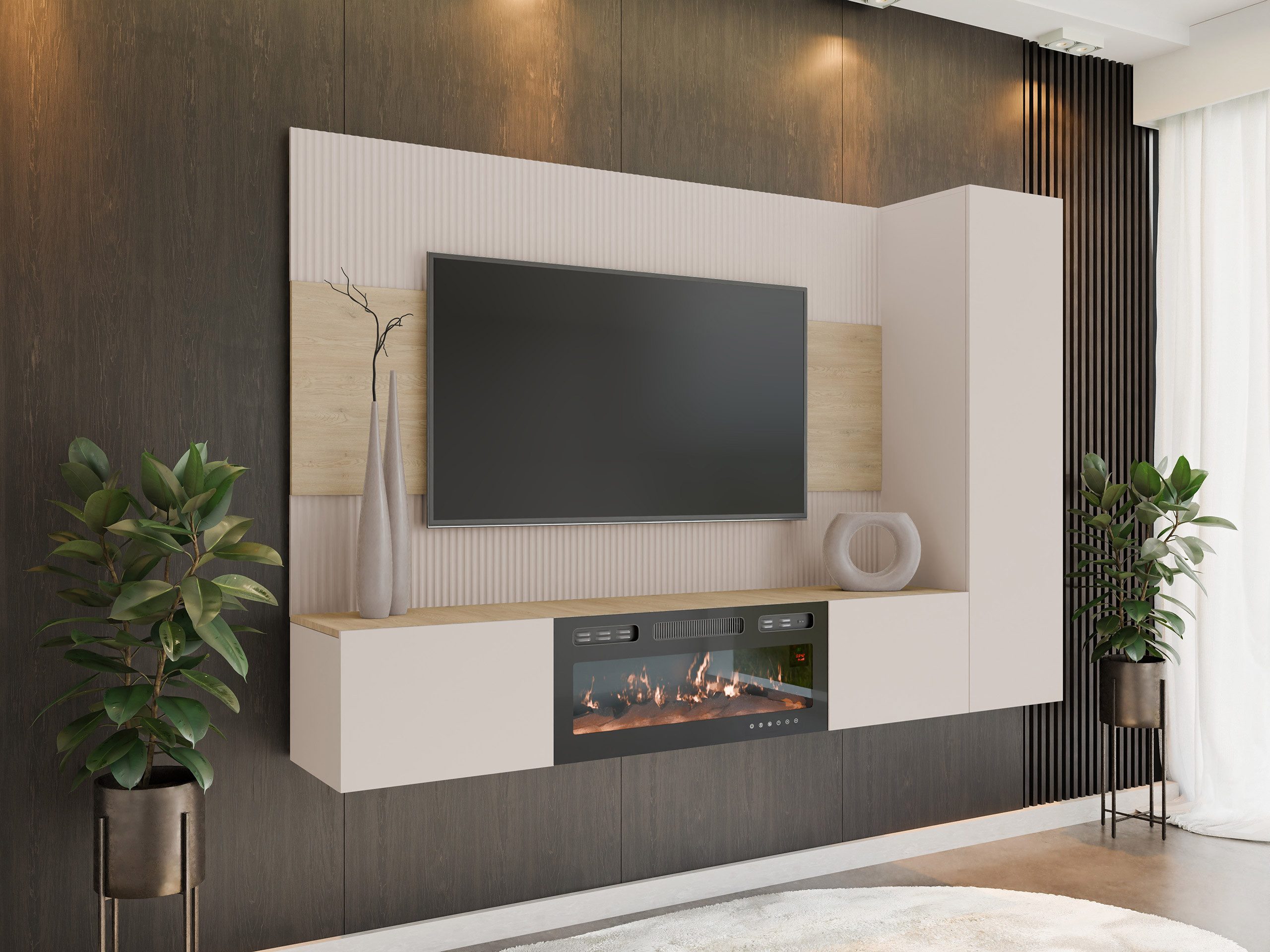 MIRJAN24 Wohnwand Deromi VI mit Kamin, (3er-Set, TV-Lowboard mit Wandpaneel, Hängeschrank), Push to open, Realistische LED-Flamme, Heizfunktion
