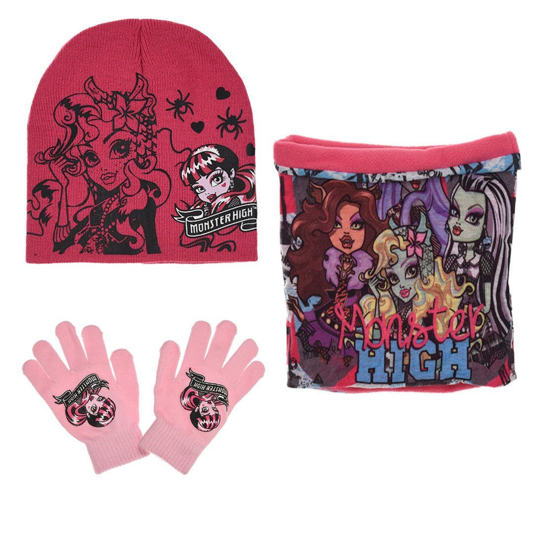 Monster High Schlupfmütze Monster High Girls 3tlg Set Kinder Mütze Wintermütze Handschuhe Loop Gr. 52 bis 54 Pink-02