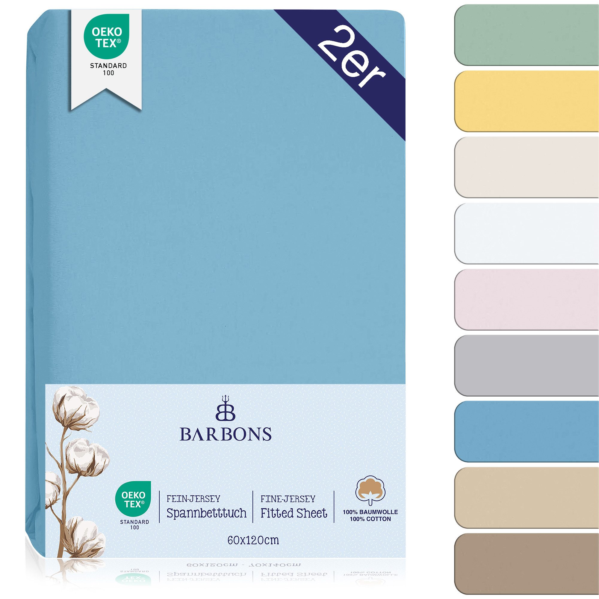 BARBONS Spannbettlaken 60 x 120 für Baby, 70 x 140 Jersey Bettlaken Babybett, Kinderbett, (2 Stück), 100% Baumwolle