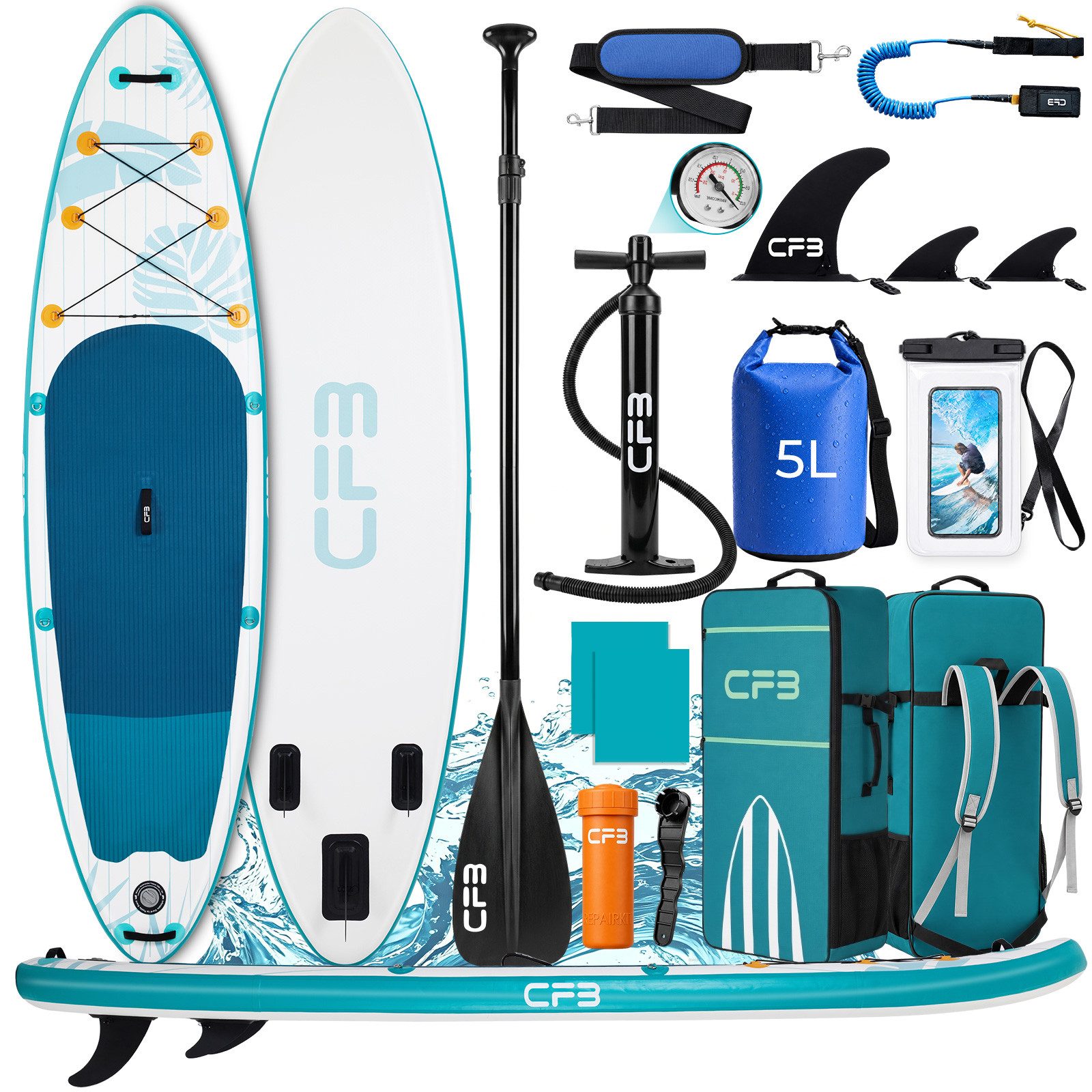 CFB SUP-Board Set 320x84x15 cm, Belastbarkeit 160 kg, Aufblasbares Stand Up Paddle Board, (mit 84 cm Standfläche & großem EVA-Deckpad, 12 tlg., SUP Set mit Paddel, Pumpe, Rucksack, Dry Bag, Handyhülle, Schultergurt), stabil, leicht und rutschfest, 3-Finnen-System für Anfänger
