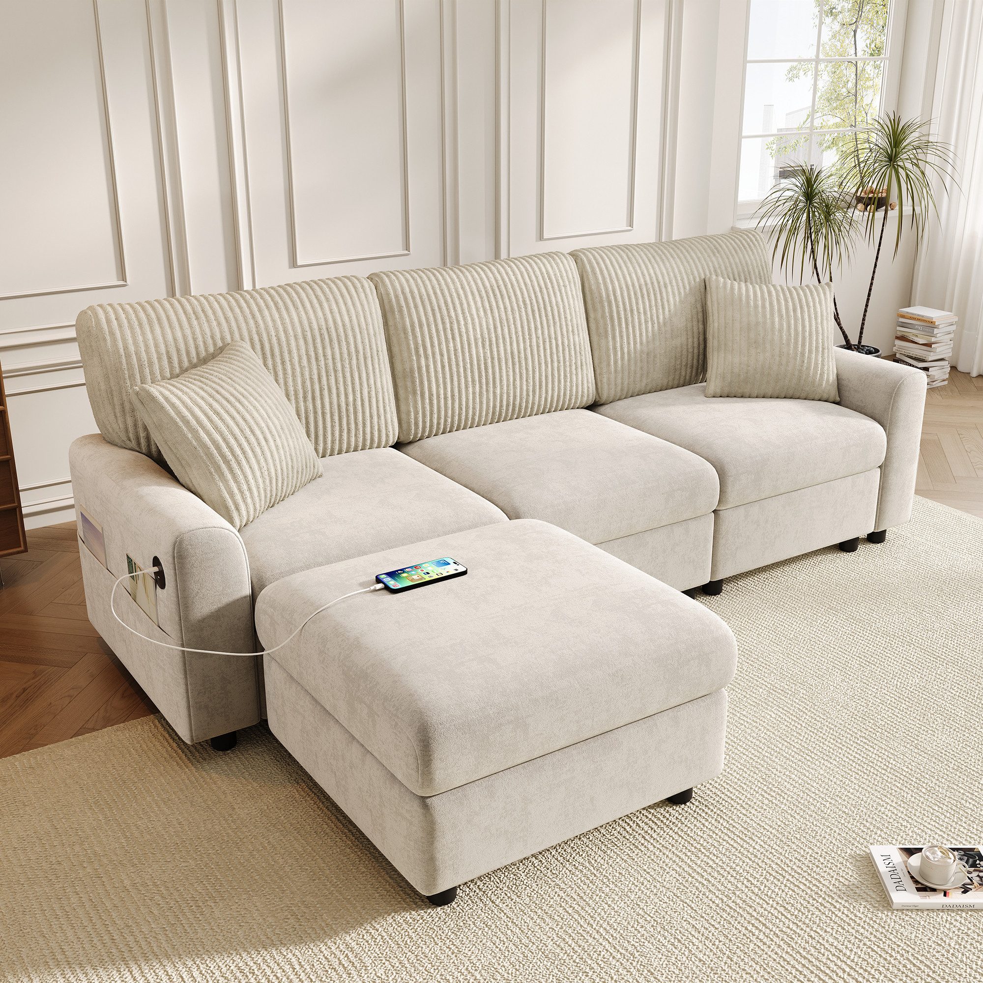 Flieks Sofa Ecksofa mit 1 Fußhocker, 1 USB-Anschluss und 1 Type-C-Anschluss, Maße: B223×H84×T146 cm, 3 Sitzer L-Form Couch mit 2 Kissen & Schlaffunktion, Chenille und Cord