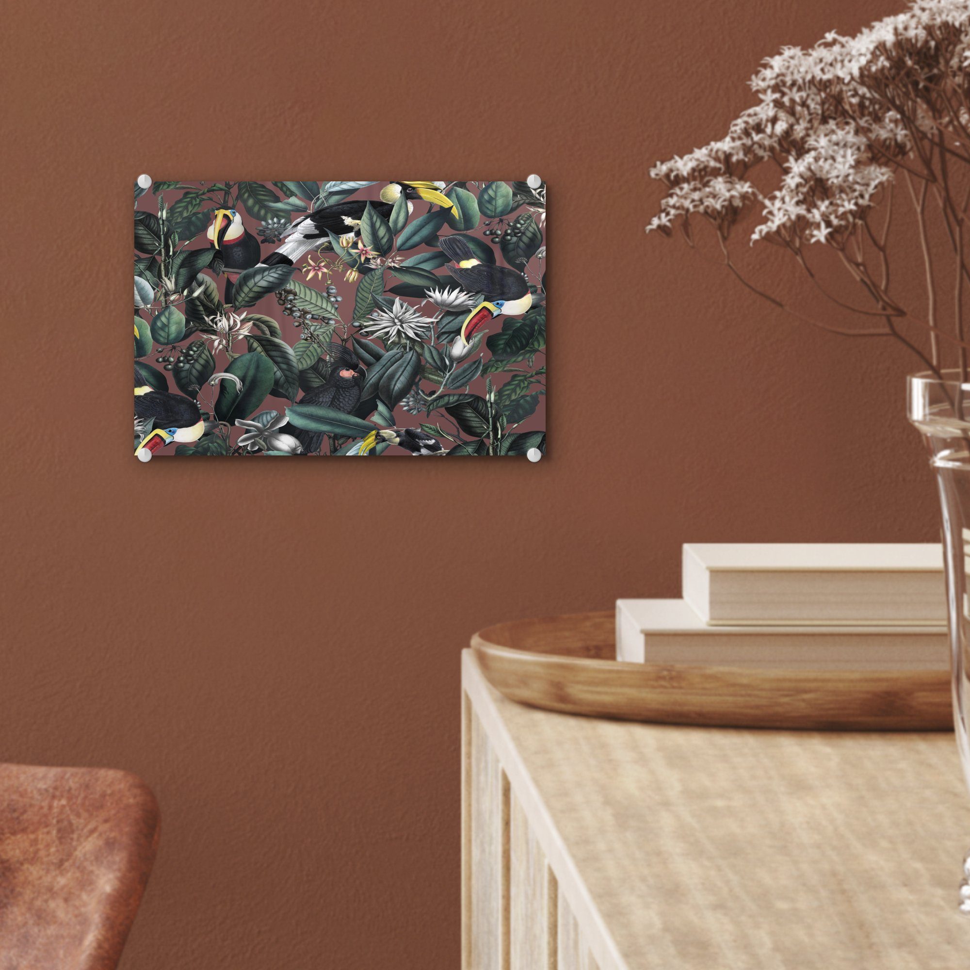 auf Foto Glasbilder (1 Wandbild St), - Blumen Bilder auf Glas - Glas Acrylglasbild - Wanddekoration Blätter, - Tukan MuchoWow -