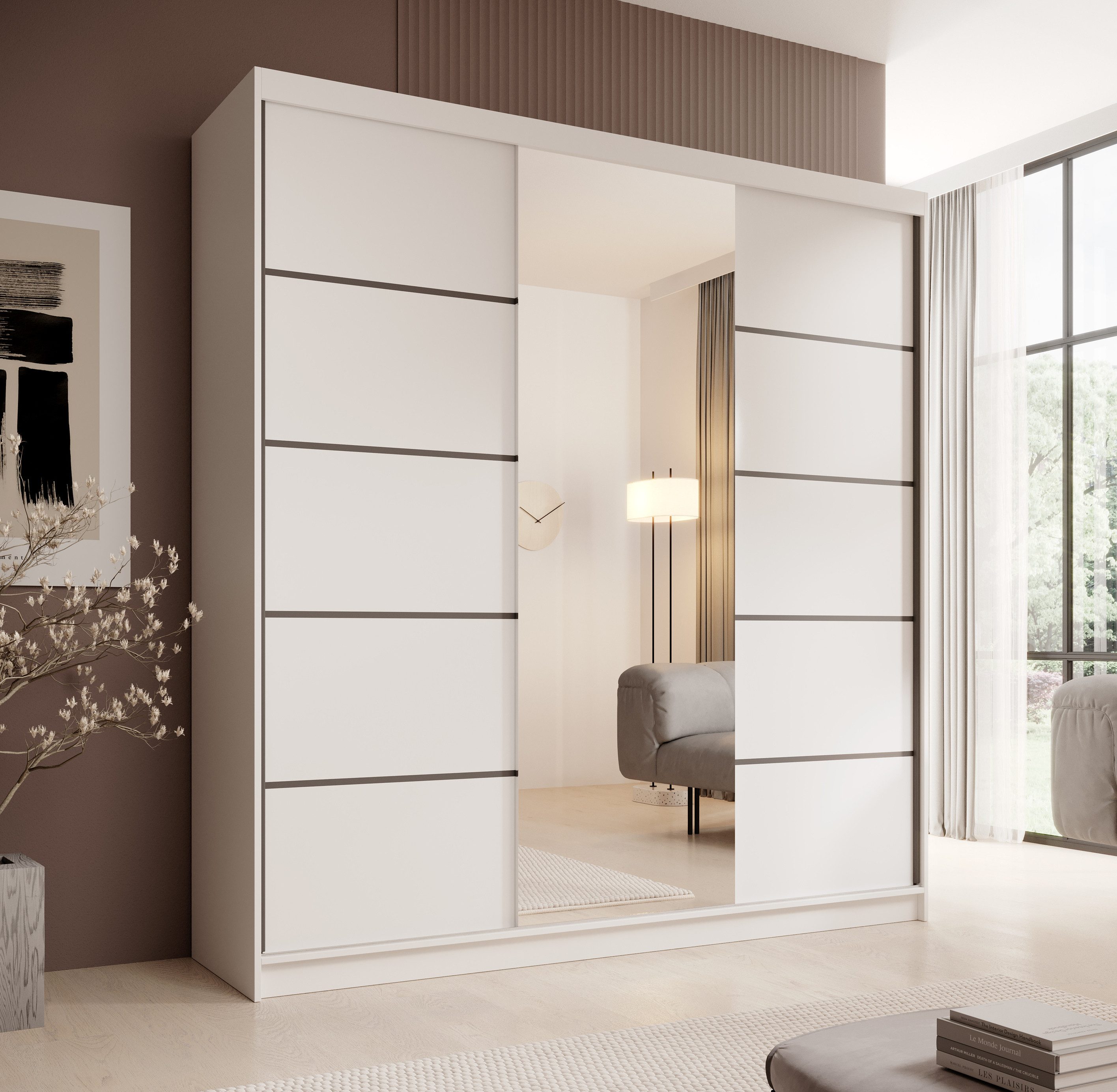 MOEBLO Schiebetürenschrank Lumis 200 (Moderner Kleiderschrank mit Spiegel für Schlafzimmer und Ankleidezimmer, 3 Schiebetüren, 11 Einlegeböden, stabile Kleiderstange, Schwebetürenschrank Schrank Garderobe Schiebtüren Schlafzimmer, Wohnzimmerschrank mit Sp