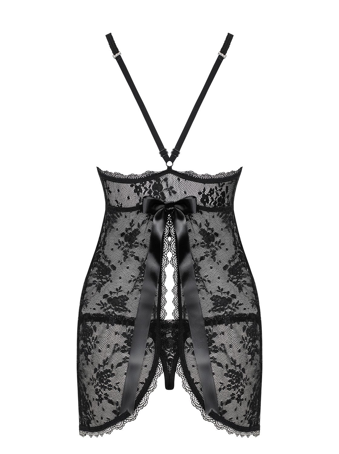Obsessive Negligé Frauen Dessous Babydoll Minikleid in schwarz mit String aus Mesh und f