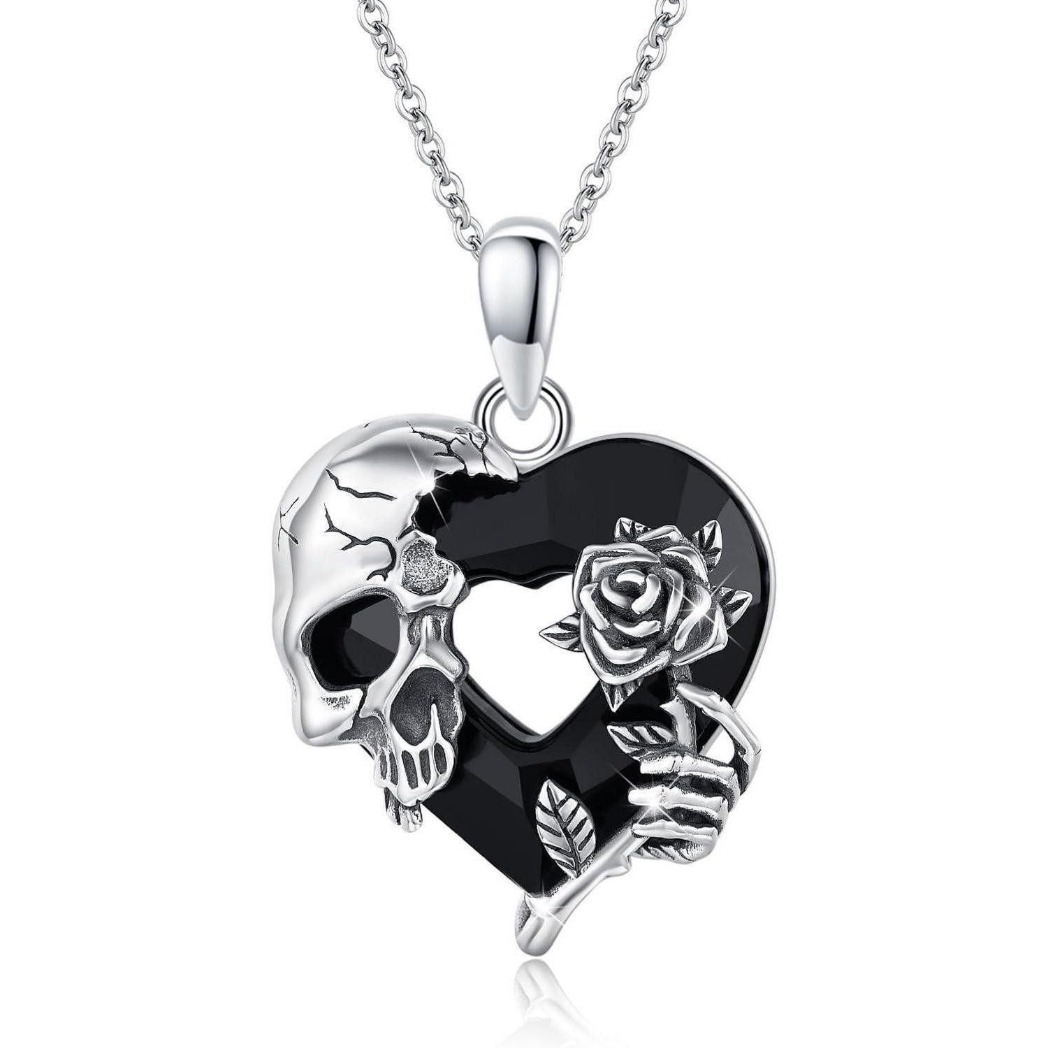 LuxusKollektion Kette mit Anhänger Totenkopf Kette 925er Silber Schwarzer Kristall Gothic Halskette
