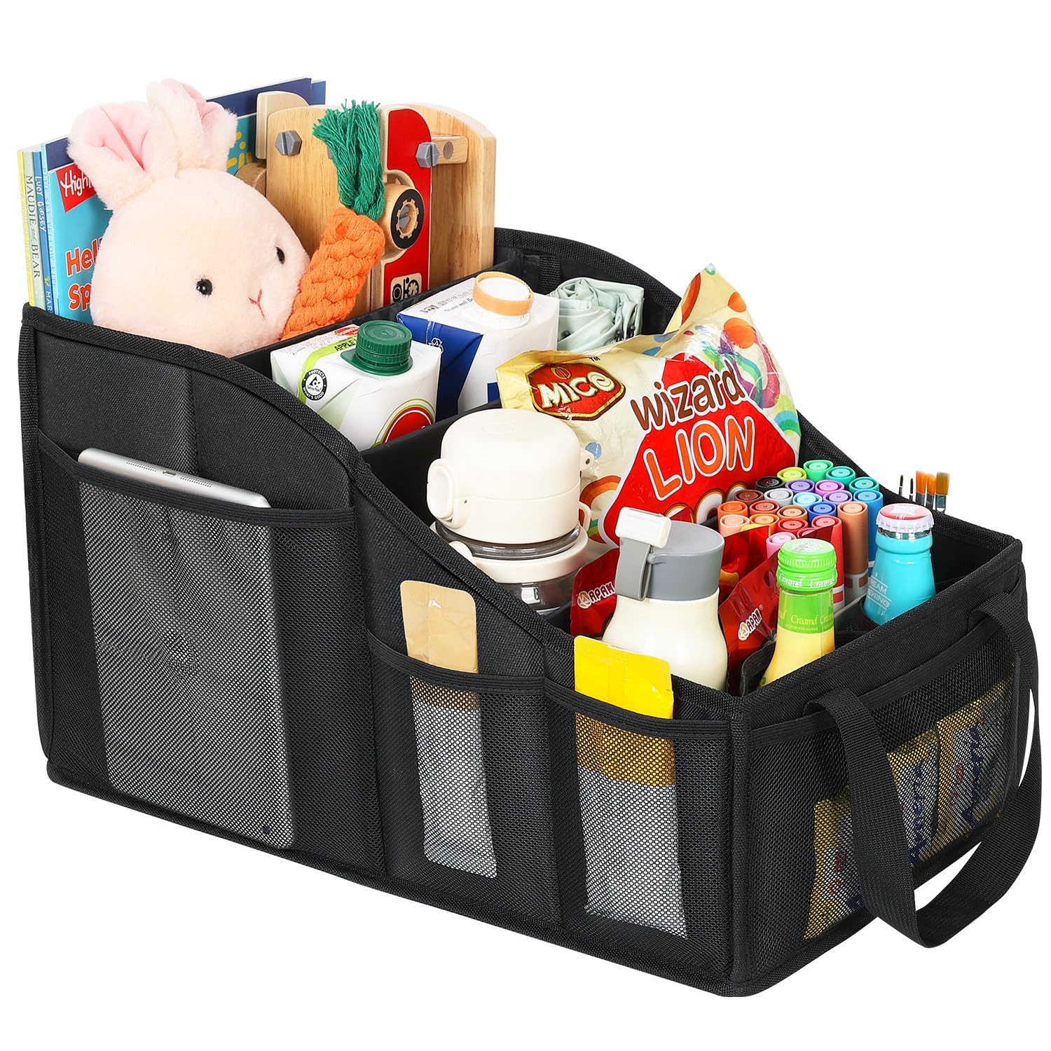 FOUORTUNATE-BEE Rücksitzorganizer Auto Rücksitz Organizer faltbar – 4 Fächer & 4 Getränkehalter, Autositz Aufbewahrungsbox für Spielzeug, Snacks & Zubehör