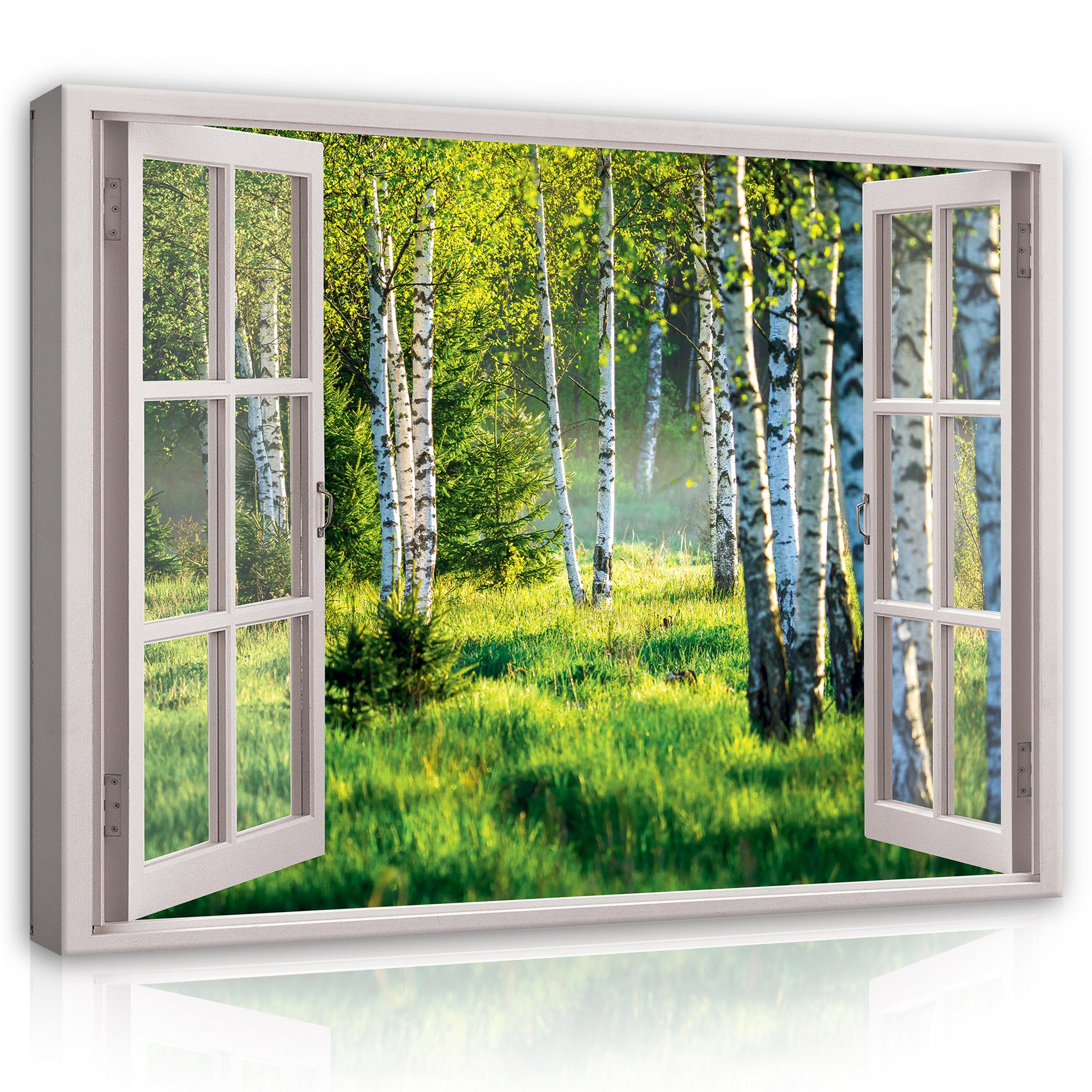 Wallarena Leinwandbild Fensterblick Wald Birkenwald Birken Natur Fenster Wandbild Groß XXL Wandbilder Leinwandbilder Modern Canvas Kunstdruck Bild Auf Leinwand Bilder für Wohnzimmer Schlafzimmer, (Einteilig), Aufhängefertig