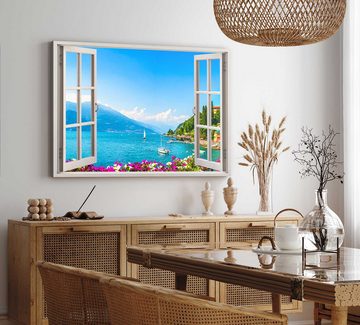 Sinus Art Leinwandbild Wandbild 120x80cm Fensterbild Alpensee Berge See Natur Blau Segelboote, (1 St)