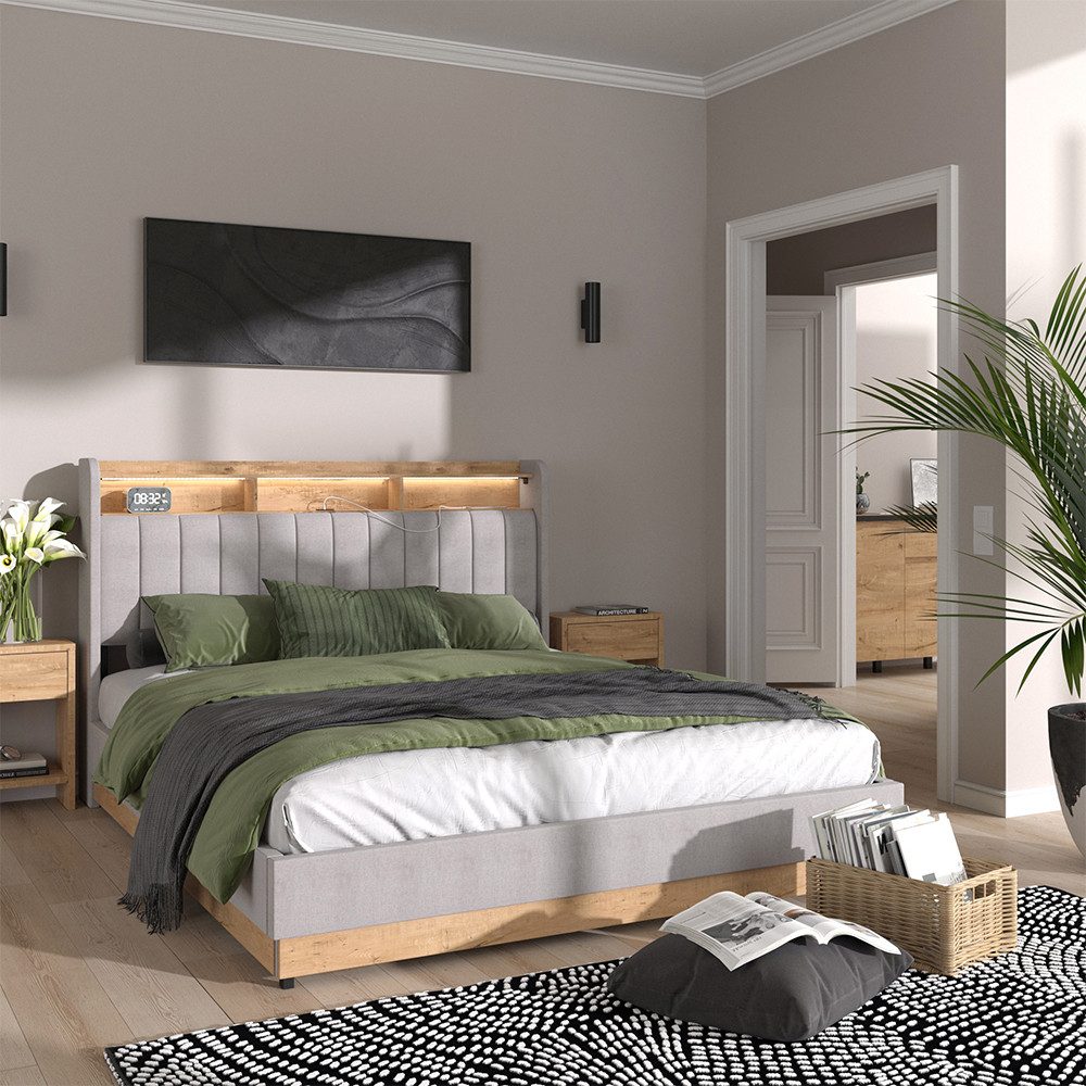 VitaliSpa® Polsterbett Nura, Grau/Eiche, 160x200 cm mit Matratze günstig online kaufen