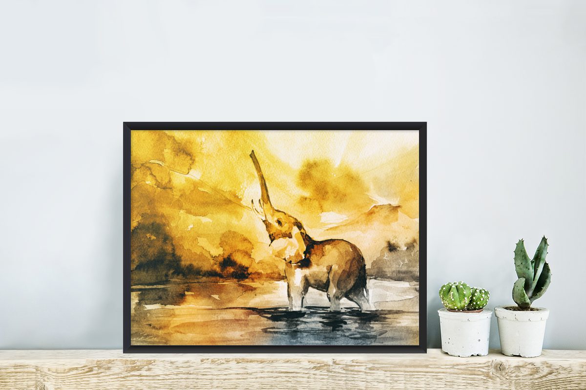 MuchoWow Poster Elefant - Aquarellfarbe (1 Schwarzem Bilder, Wasser, Wanddeko, - Poster, Wandposter, Gerahmtes St), Bilderrahmen