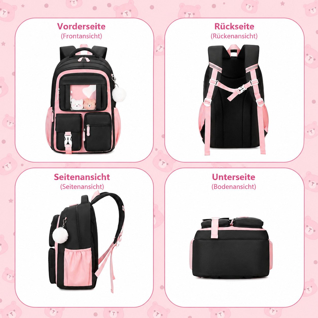 MOPUEA Schulrucksack Atmungsaktiv Schulrucksack Rucksack Schultasche Kawaii Büchertasche (Mit 3 süßen Anhängern), Turnbeutel Lässiger Schulranzen Jungen Teenage – Bild 4 von 5