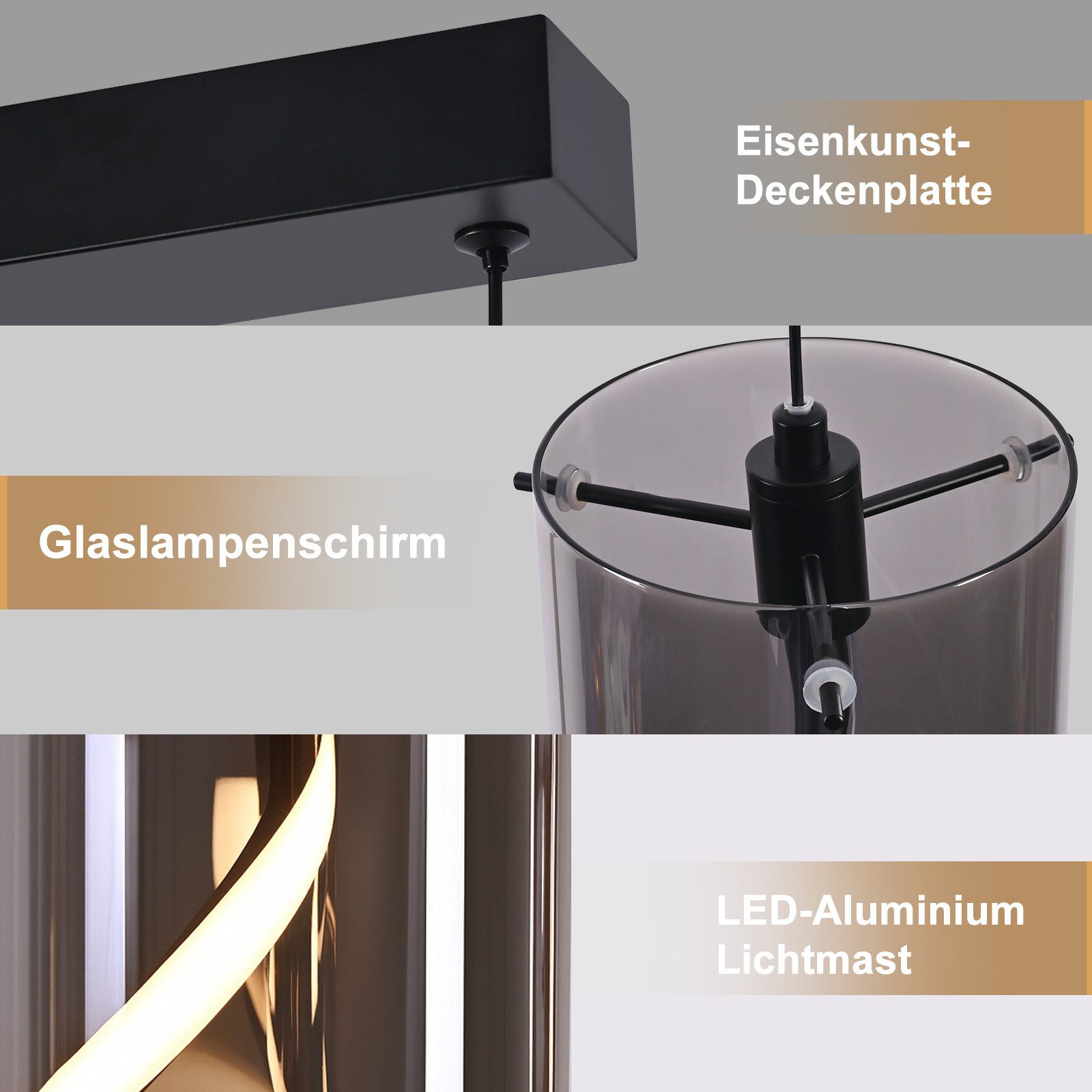 ZMH LED Pendelleuchte Esstisch Hängelampe Modern 3000K Hängeleuchte Glas 1/3 Flammig, LED fest integriert, Warmweiß, 8W Schwarz Pendellampe für Wohnzimmer Esszi – Bild 4 von 5
