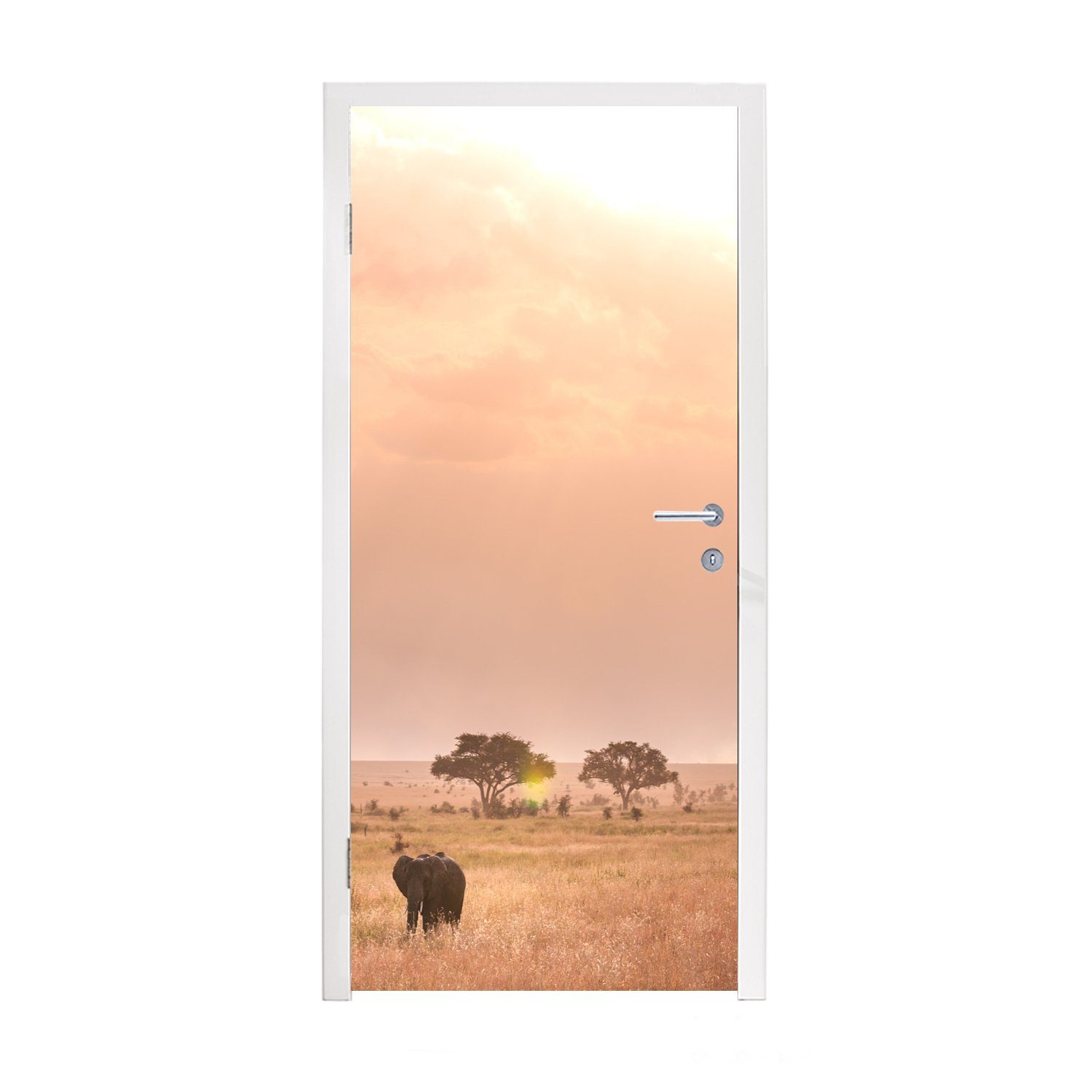 Matt, (1 Himmel 75x205 MuchoWow in über Türaufkleber, Rosa St), cm für Fototapete dem Tür, Tansania, Türtapete Serengeti-Nationalpark bedruckt,