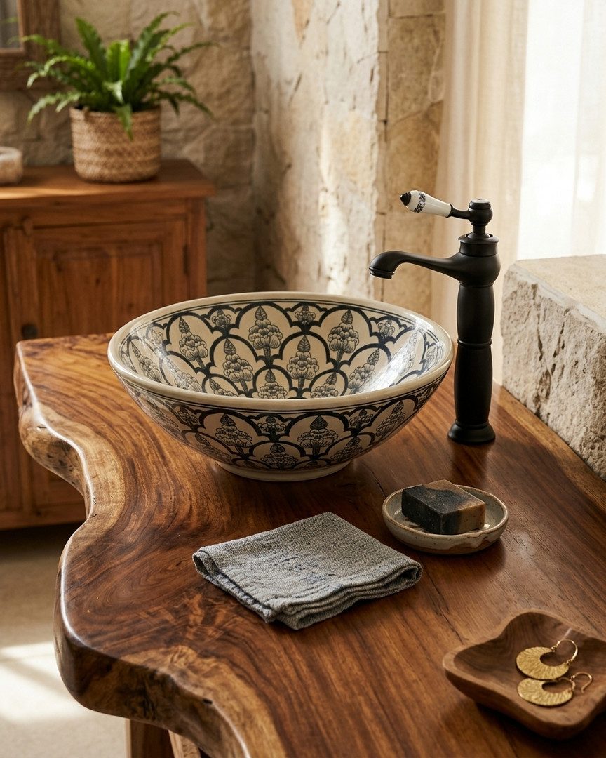 Kinaree Waschbecken Orientalisches Keramik- CHAREE, handbemalt, Arabesken Schwarz-Weiß (1-St)