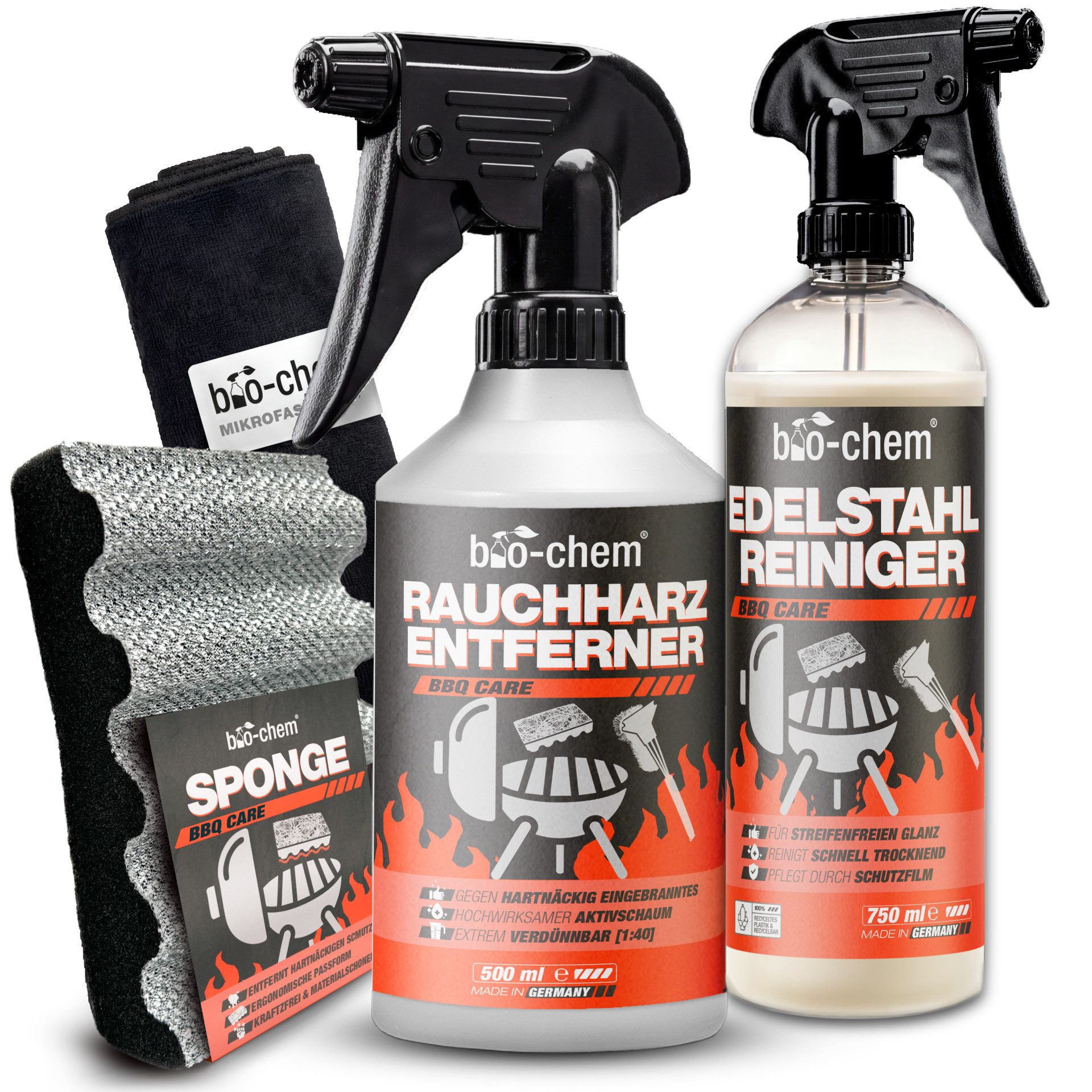 bio-chem Grillreiniger Set 4-teilig – Profi-Reinigung & Edelstahlreiniger Grillreiniger (Sparpaket, [- Rauchharz-Entferner, Edelstahl-Reiniger, Schwamm, Tuch 4-teiliges Set mit Reinigern & Zubehör)